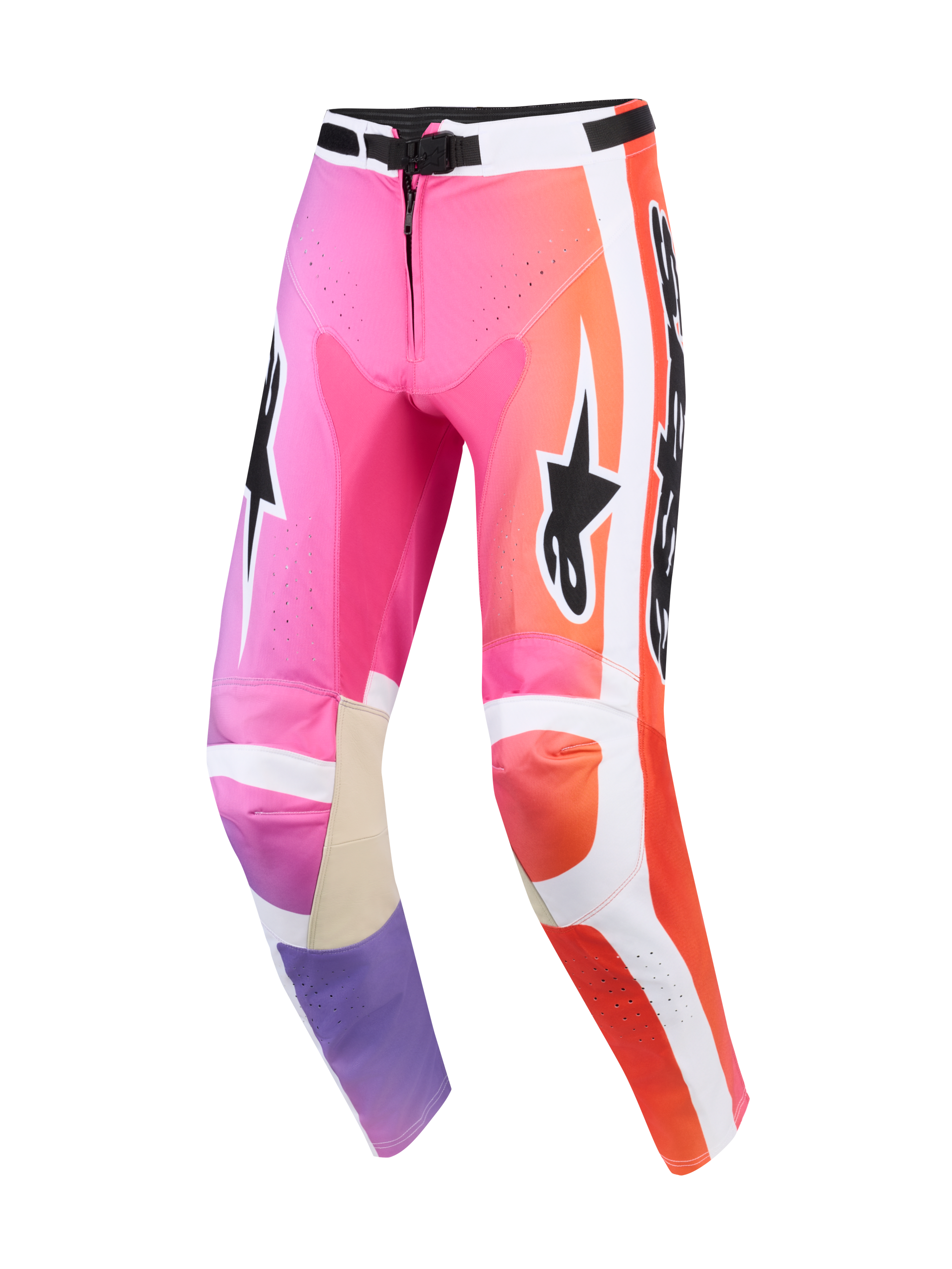 Alpinestars 2026 Racer Air Portl Pants, pantalon de motocross, multicolore rose, orange et violet, avec panneaux latéraux blancs, logos Alpinestars noirs, zones perforées pour la ventilation et renforts intérieurs aux genoux en cuir beige