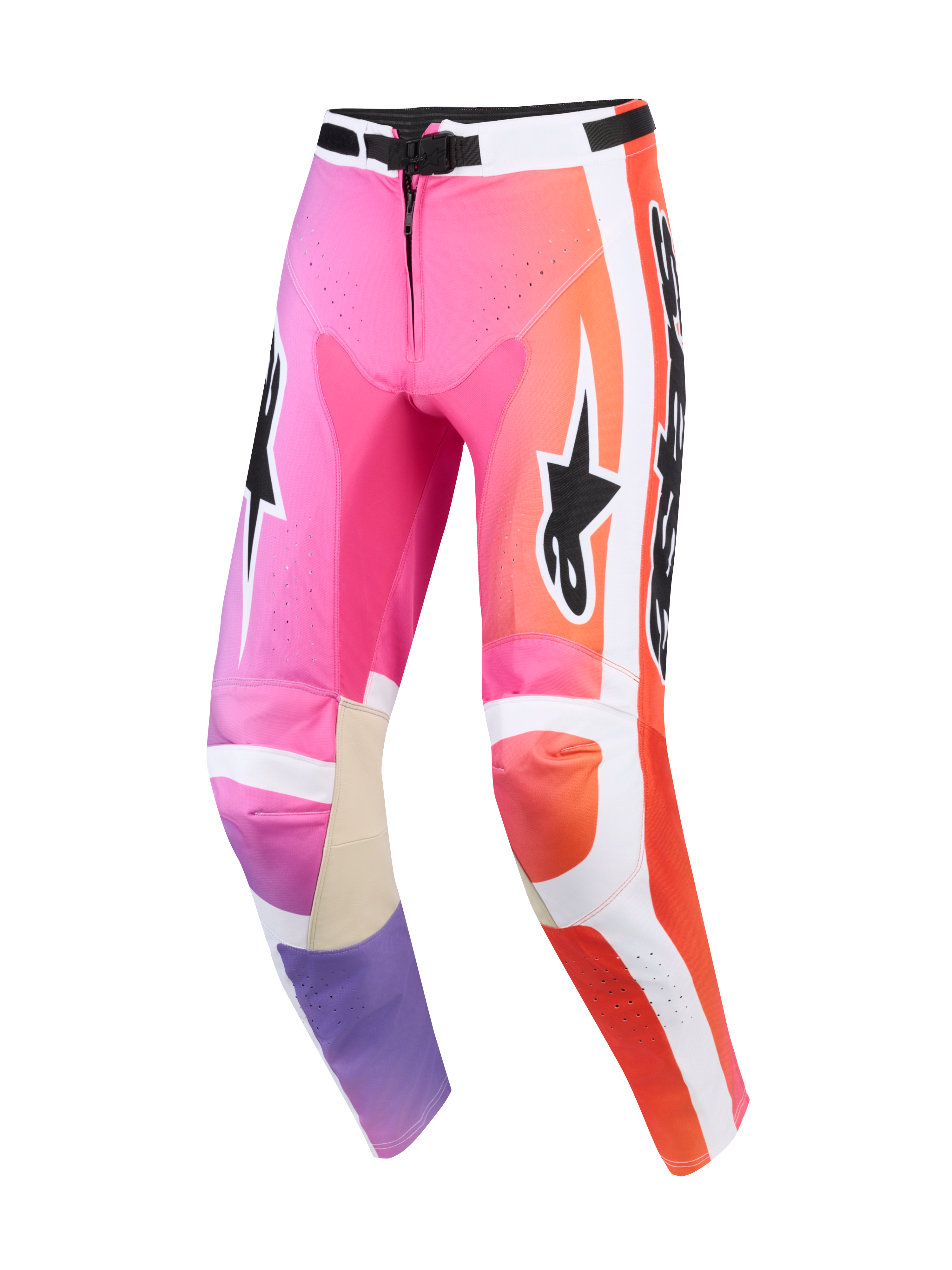 Alpinestars 2026 Racer Air Portl Pants, pantalon de motocross, multicolore rose, orange et violet, avec panneaux latéraux blancs, logos Alpinestars noirs, zones perforées pour la ventilation et renforts intérieurs aux genoux en cuir beige