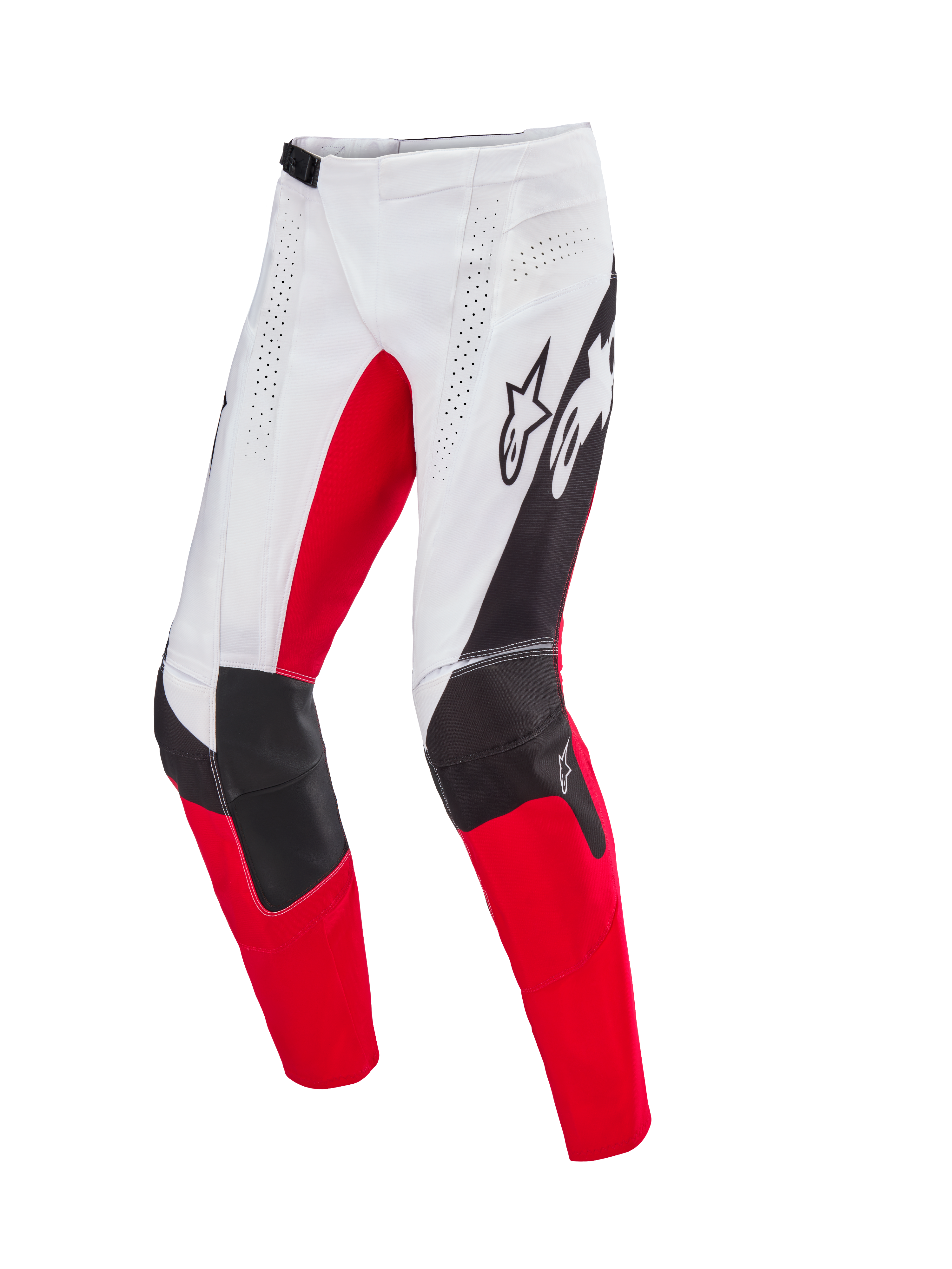 Alpinestars Techstar Deep Édition Limitée, pantalon de motocross, blanc, noir et rouge vif, doté de ventilations perforées au laser, d'une construction de genou 3D Babel avec panneaux renforcés et d'un marquage Alpinestars distinctif sur les cuisses, conçu pour la performance tout-terrain professionnelle