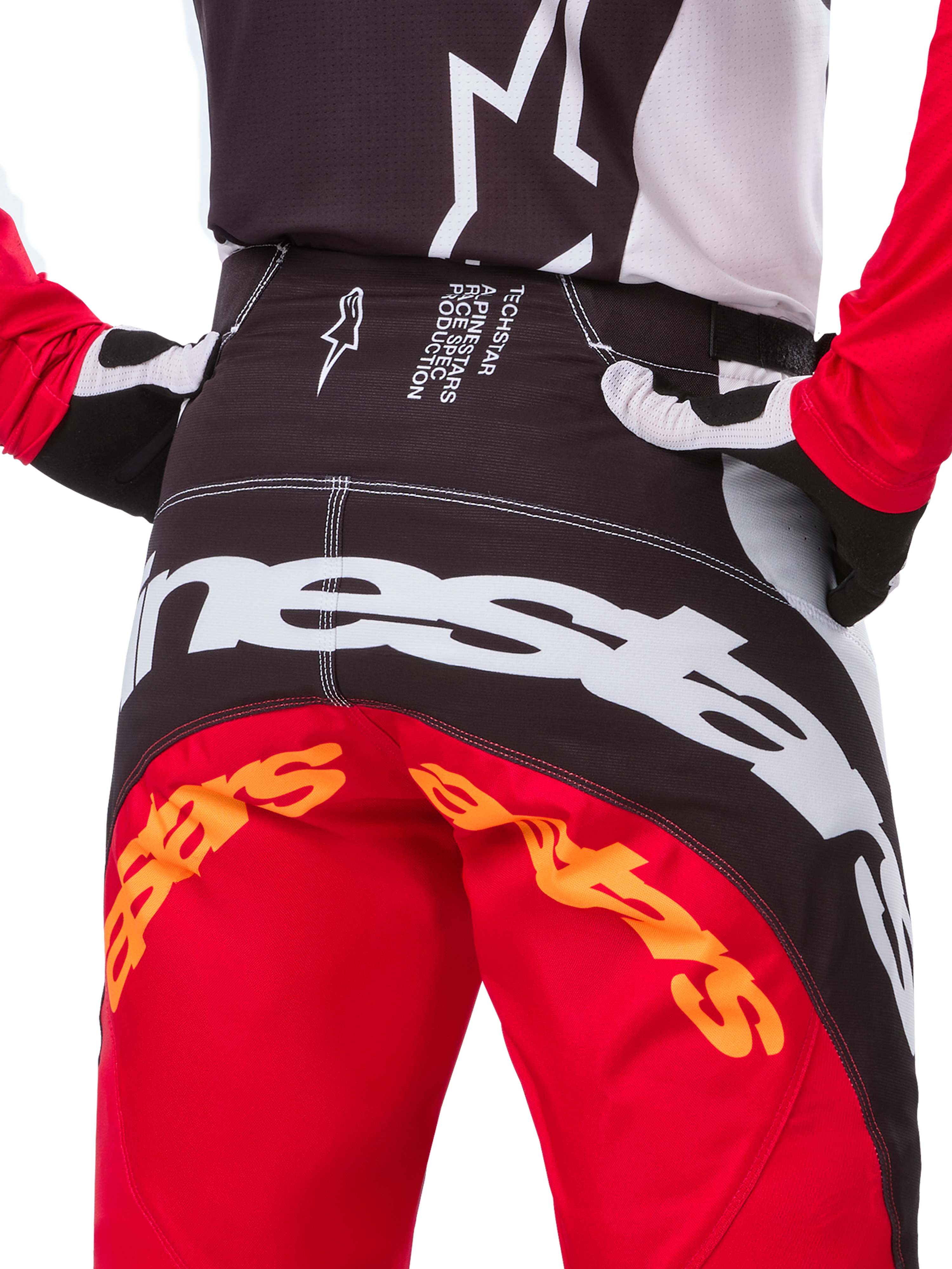 Alpinestars Techstar Deep Édition Limitée, pantalon de motocross, noir, blanc et rouge vif, avec une conception multi-panneaux, des genoux renforcés et des empiècements extensibles quadridirectionnels pour des performances tout-terrain