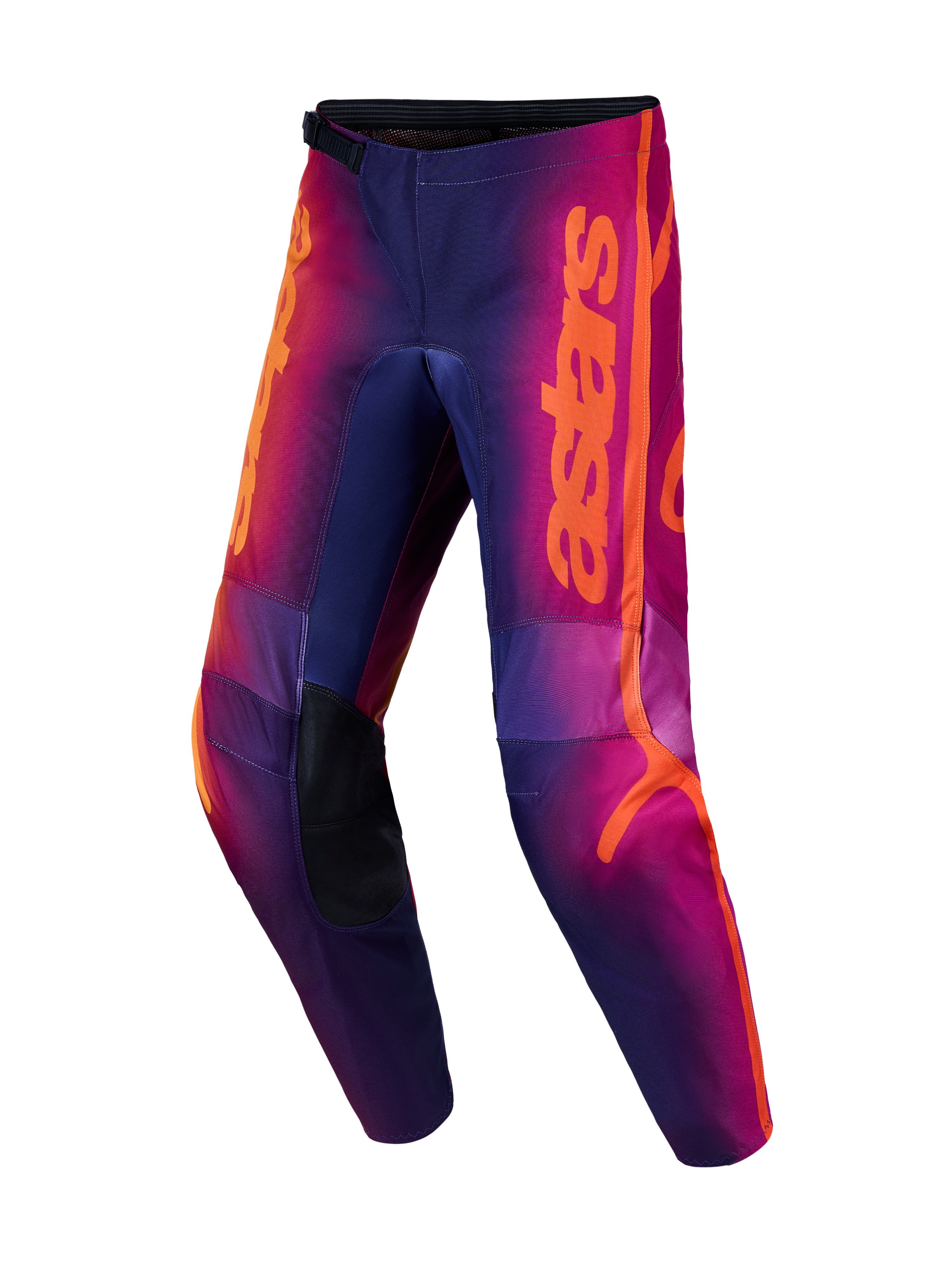 Pantalon Alpinestars Fluid Kepler, pantalon de motocross violet et orange, genoux renforcés et coupe ergonomique 3D