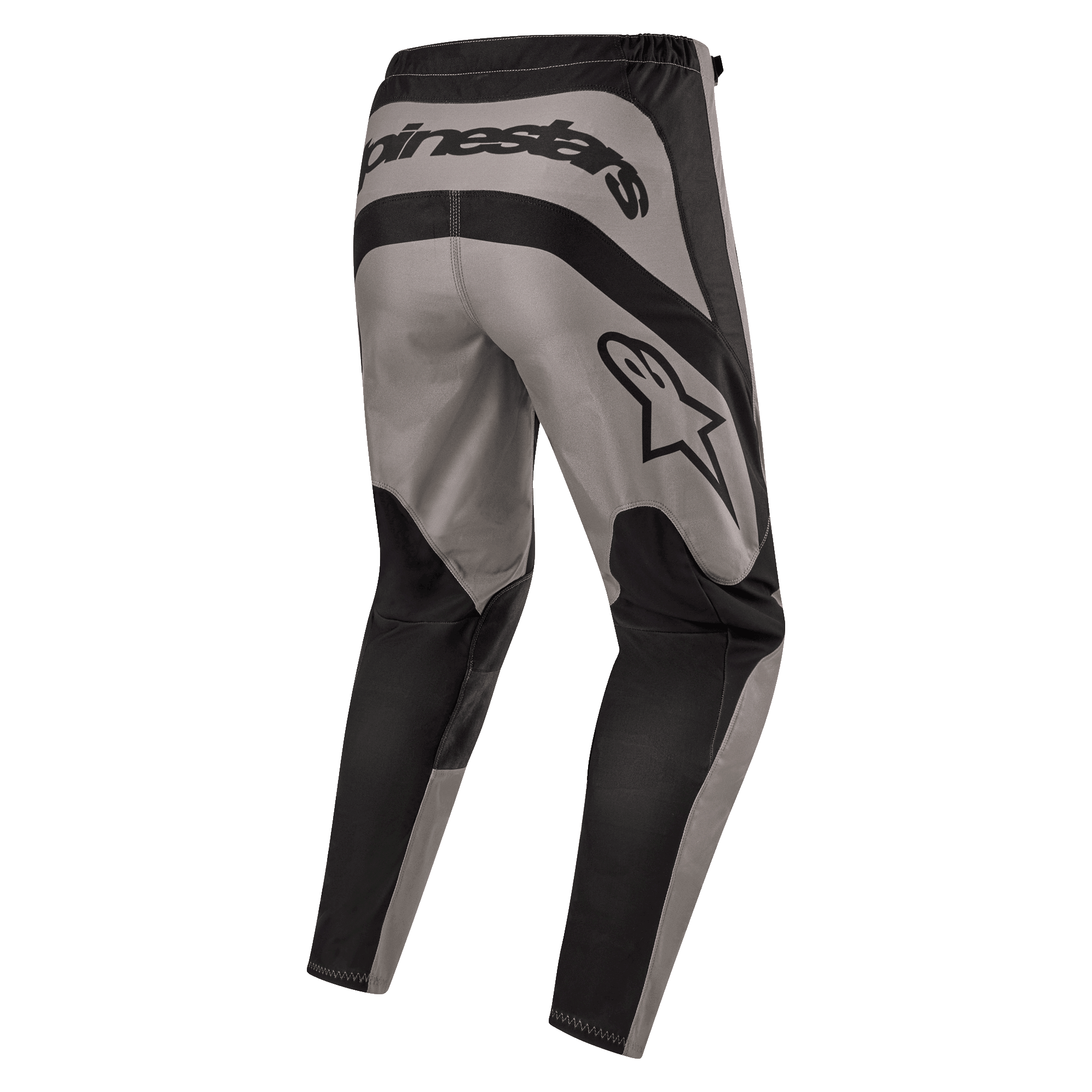 Pantalon Alpinestars Fluid Lurv 2024, pantalon de motocross, Mud Black, vue arrière montrant le marquage Alpinestars imposant à l'arrière et le logo étoilé sur la cuisse droite, design à empiècements gris et noirs en poly-tissu 600D durable pour la conduite tout-terrain.