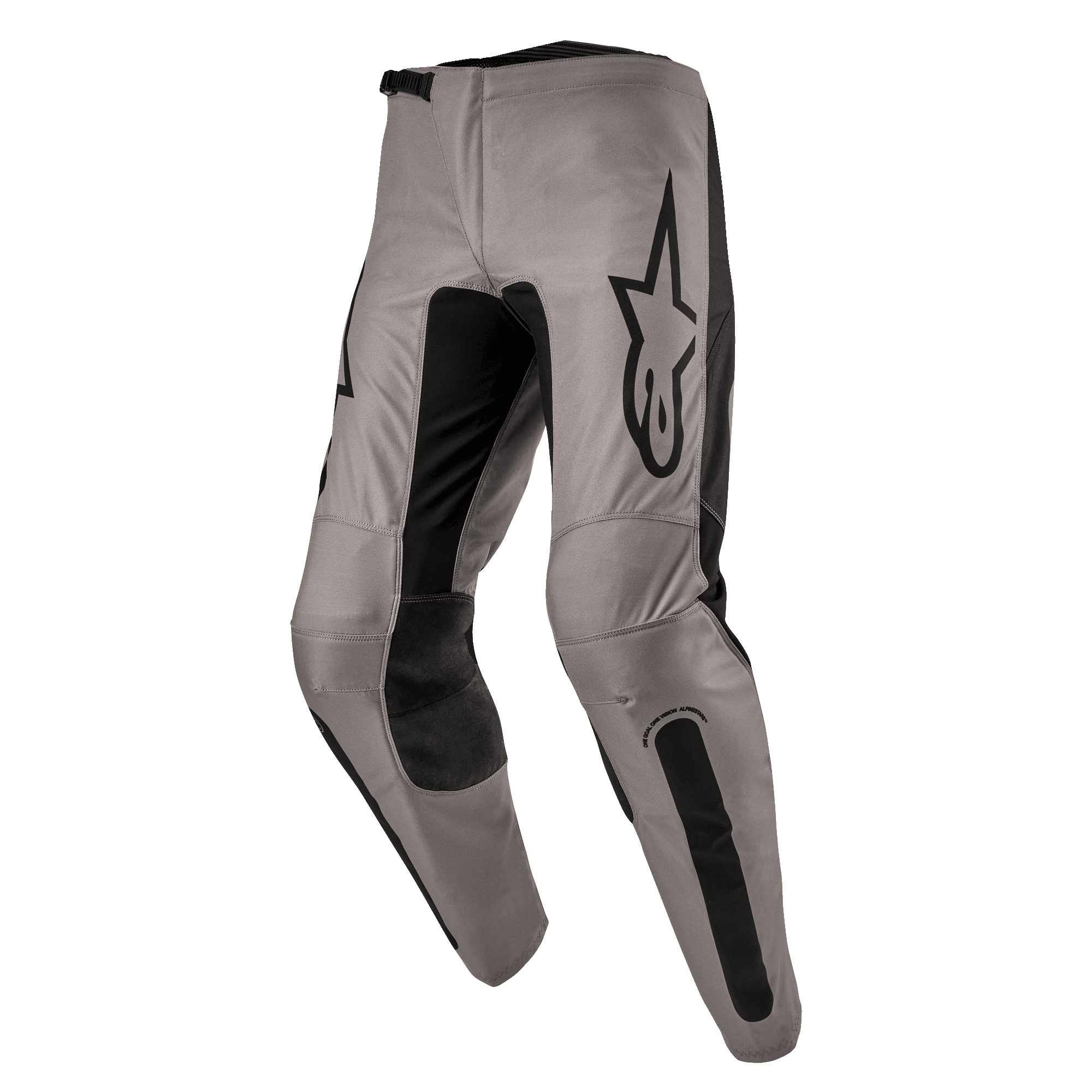 Pantalon Alpinestars Fluid Lurv 2024, pantalon de motocross, Mud Black, doté d'un châssis principal beige grisâtre avec des empiècements extensibles noirs à l'intérieur des jambes et aux genoux, logo Alpinestars noir distinctif sur la cuisse, design ergonomique préformé pour le pilotage tout-terrain