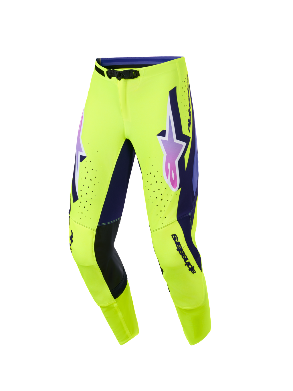 Pantalon Alpinestars Supertech Vista 2026, pantalon de motocross, jaune vif avec accents violets et noirs, logo Alpinestars en dégradé rose et violet sur les cuisses, perforations découpées au laser pour la ventilation, coupe athlétique pour la performance tout-terrain
