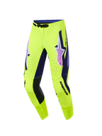 Pantalon Alpinestars Supertech Vista 2026, pantalon de motocross, jaune vif avec accents violets et noirs, logo Alpinestars en dégradé rose et violet sur les cuisses, perforations découpées au laser pour la ventilation, coupe athlétique pour la performance tout-terrain