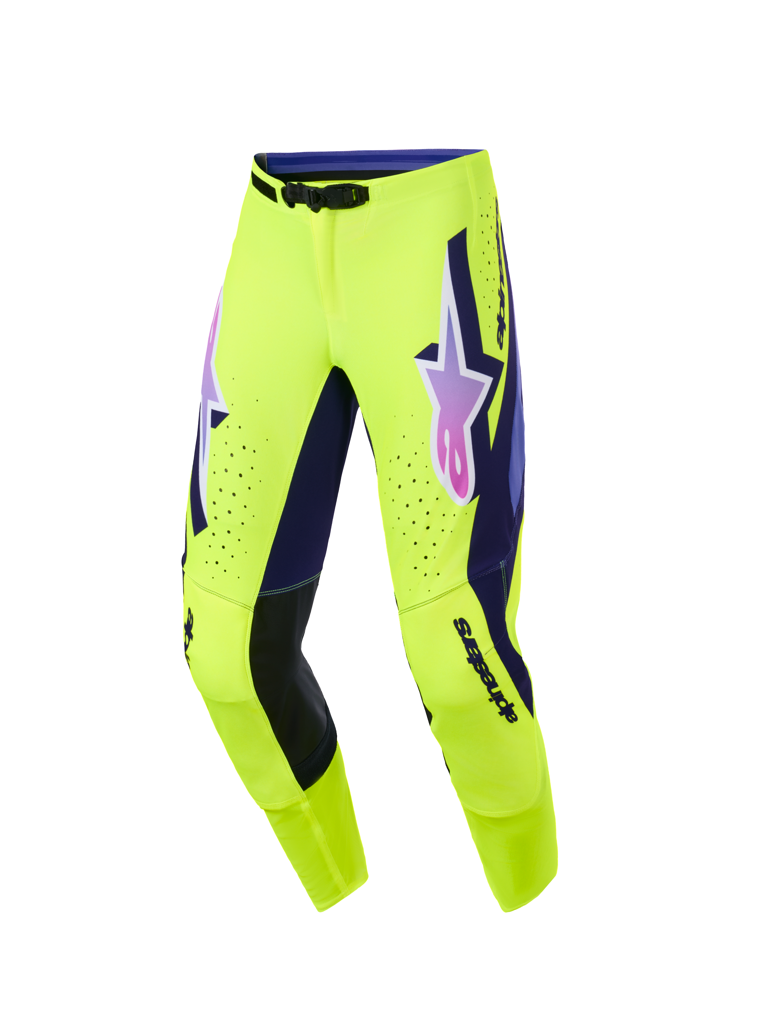 Pantalon Alpinestars Supertech Vista 2026, pantalon de motocross, jaune vif avec accents violets et noirs, logo Alpinestars en dégradé rose et violet sur les cuisses, perforations découpées au laser pour la ventilation, coupe athlétique pour la performance tout-terrain