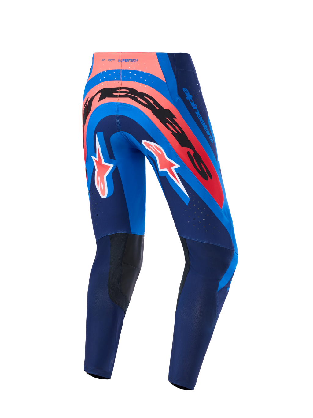 Pantalon Alpinestars Supertech Vista 2026, pantalon de motocross, bleu marine, corail et cobalt, vue arrière avec marquage audacieux sur l'assise et logos A-star sur les jambes, comprenant des panneaux intérieurs de genoux renforcés et des perforations découpées au laser pour la circulation de l'air