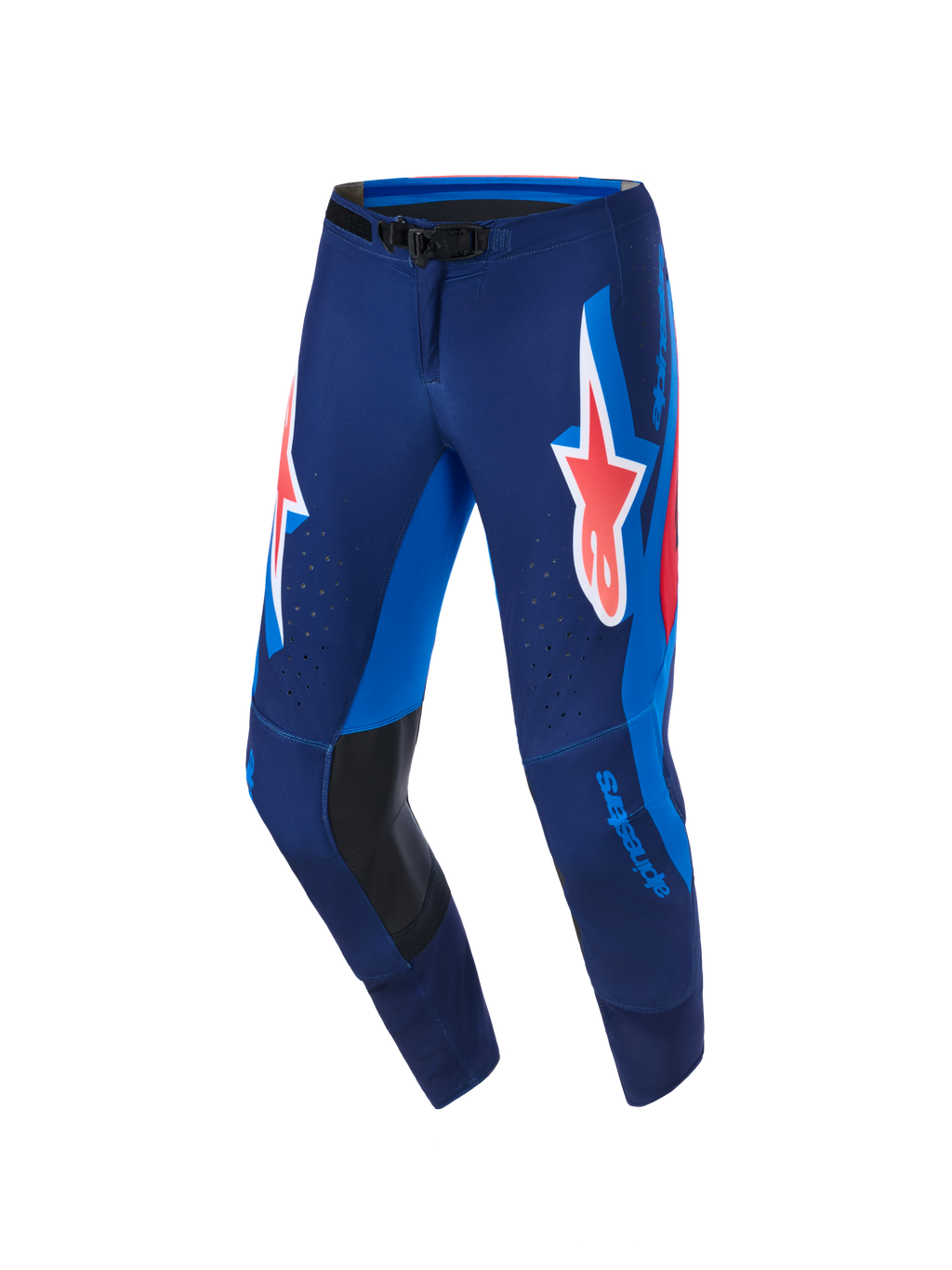 Pantalon Alpinestars 2026 Supertech Vista, pantalon de motocross, bleu marine foncé, corail vif et cobalt, avec un grand logo Astars corail sur les cuisses, des empiècements latéraux bleu vif, des renforts intérieurs en cuir noir au genou et des perforations laser pour la ventilation, conçu pour la compétition de haut niveau.