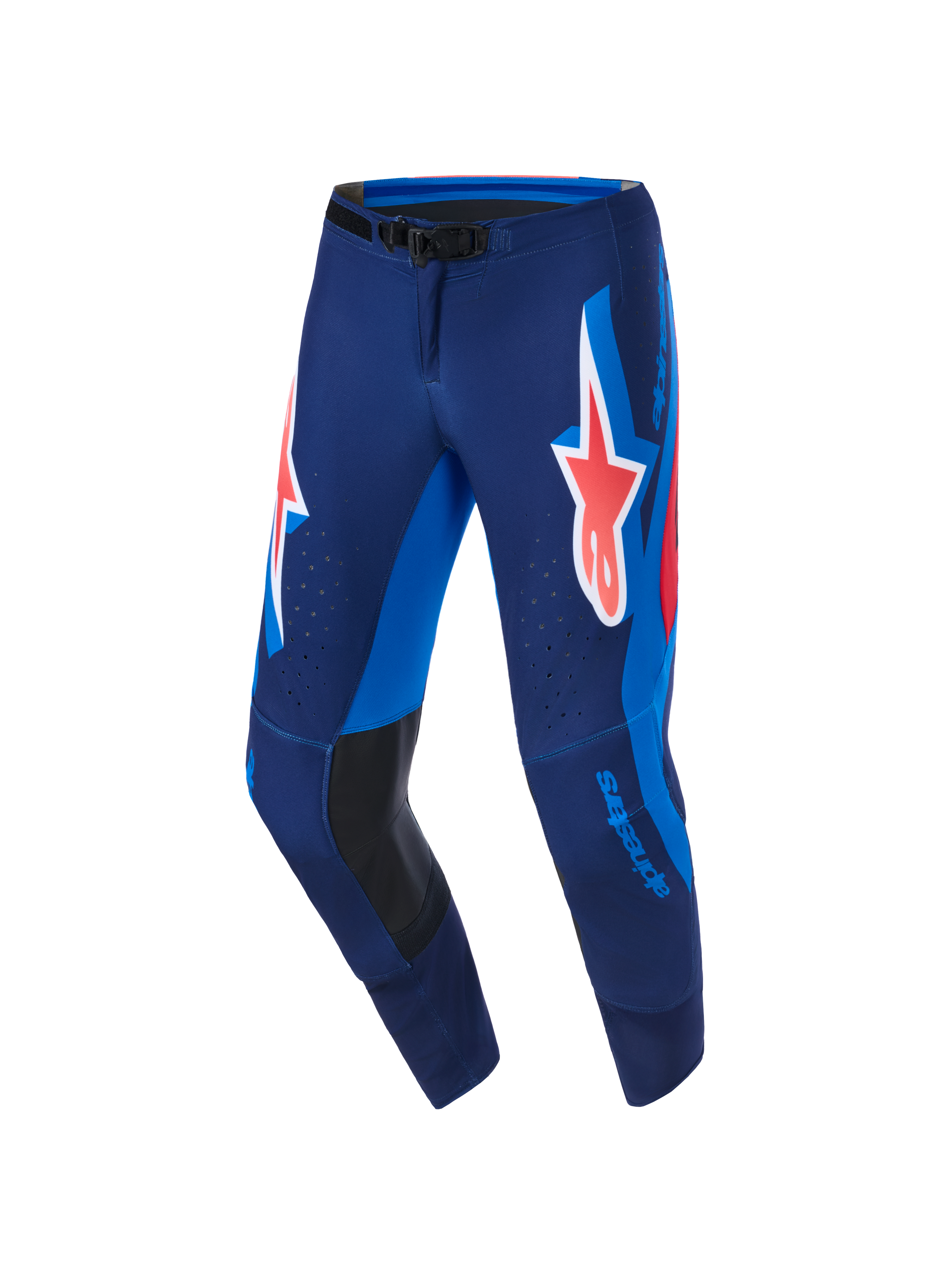 Pantalon Alpinestars 2026 Supertech Vista, pantalon de motocross, bleu marine foncé, corail vif et cobalt, avec un grand logo Astars corail sur les cuisses, des empiècements latéraux bleu vif, des renforts intérieurs en cuir noir au genou et des perforations laser pour la ventilation, conçu pour la compétition de haut niveau.