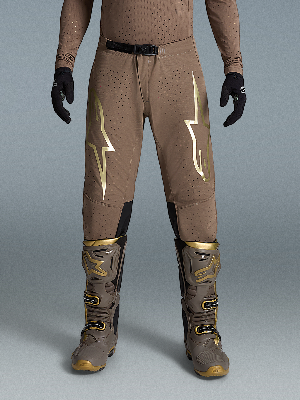 Alpinestars pantalon Supertech Air Gold édition limitée, pantalon de motocross pour homme, marron et doré, châssis en ripstop extensible avec perforations, boucle magnétique SX1
