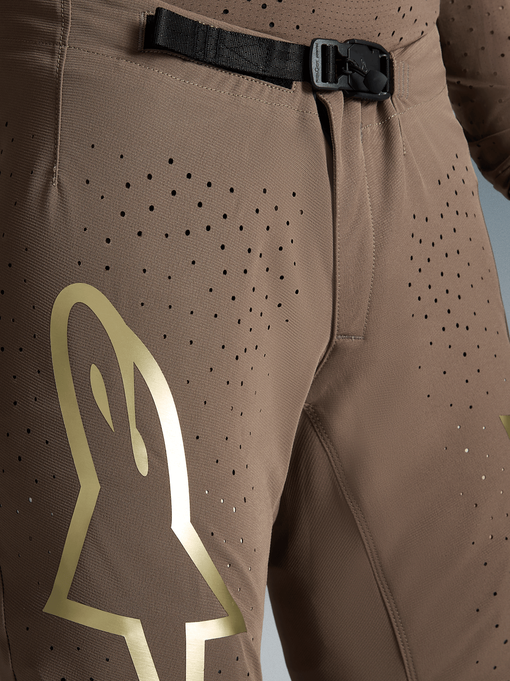Pantalon Alpinestars Supertech Air Gold Édition Limitée, motocross, marron et doré, boucle SX1 et tissu perforé
