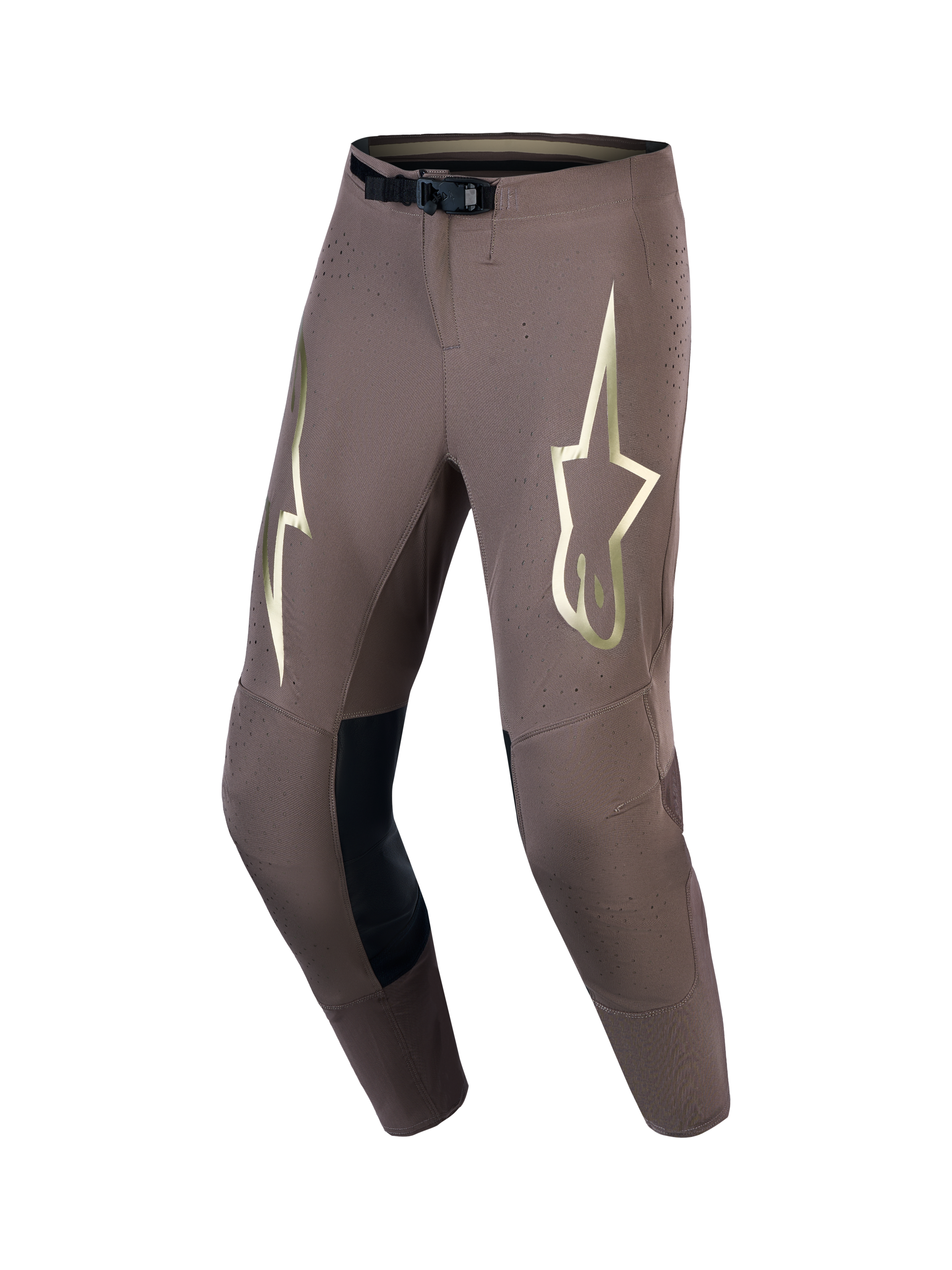 Alpinestars Pantalon Supertech Air Gold Édition Limitée, pantalon de motocross performance pour homme, marron et doré, tissu ripstop stretch ventilé avec boucle magnétique SX1 et renforts en cuir.