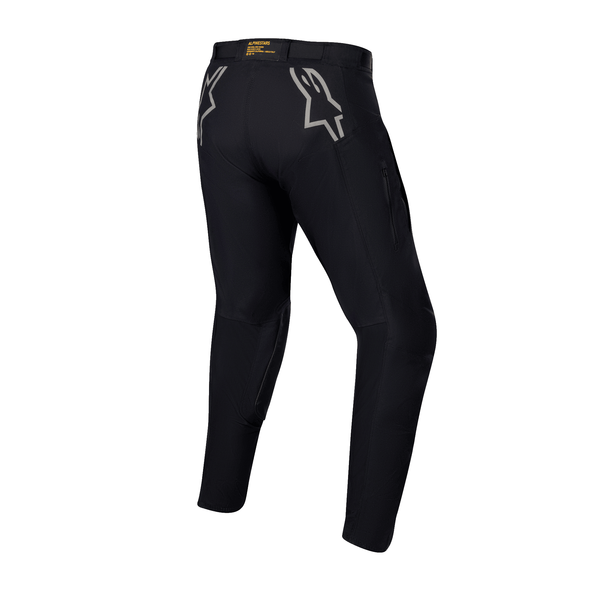 Pantalon Alpinestars Techdura, pantalon d'enduro et tout-terrain noir, vue arrière avec logos étoiles gris sur les hanches, marquage jaune sur la ceinture arrière, matériau en polyamide extensible robuste avec une conception durable pour la pratique de la moto