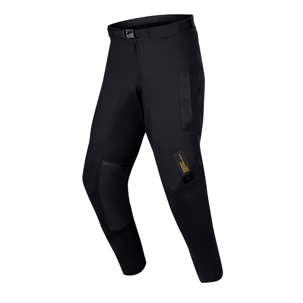 Pantalon Alpinestars Techdura 2024, pantalon d'enduro tout-terrain, noir uni, doté d'une construction robuste en polyamide extensible, panneaux intérieurs aux genoux en cuir de chèvre, ceinture à boucle magnétique SX2 et étiquettes de marque techniques