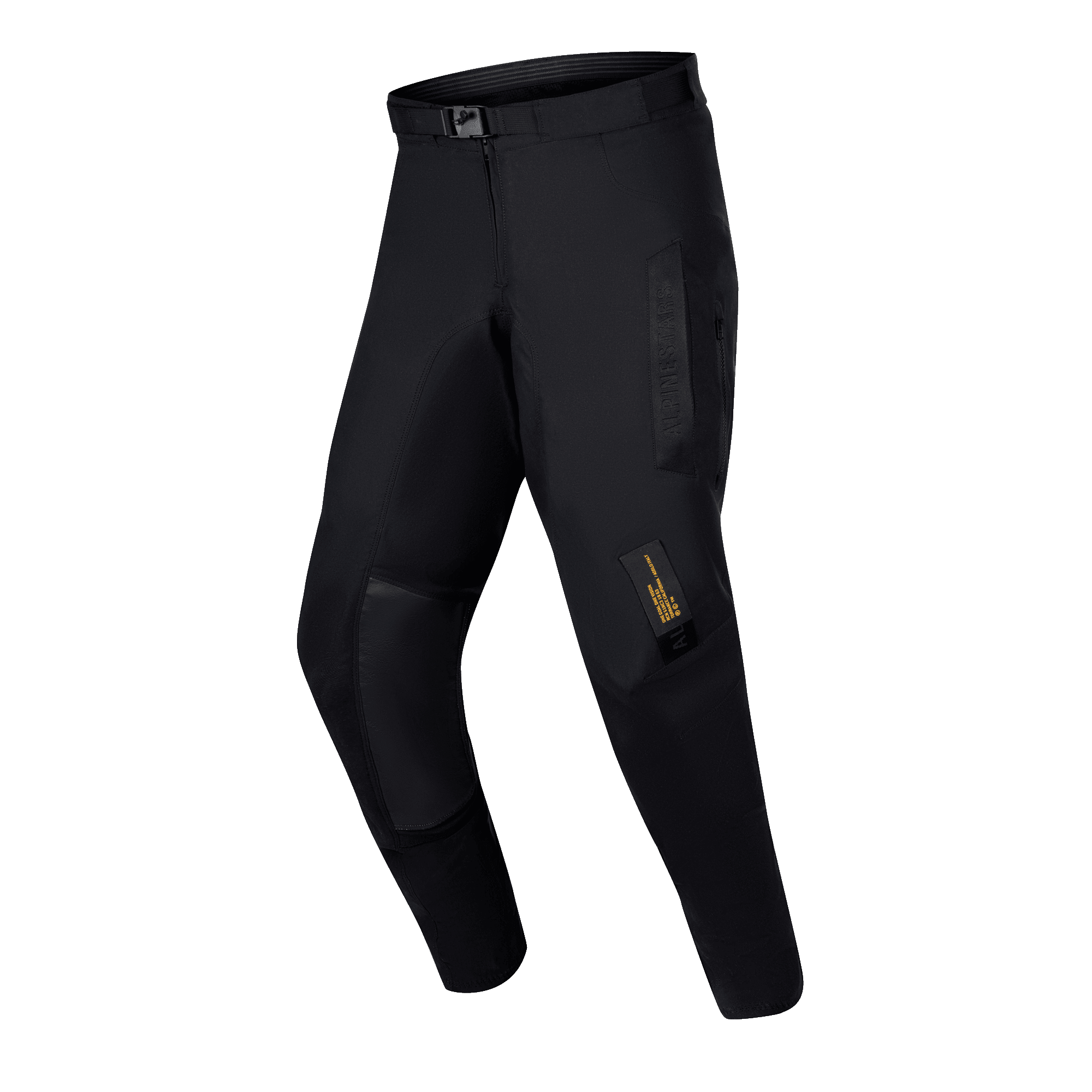 Pantalon Alpinestars Techdura 2024, pantalon d'enduro tout-terrain, noir uni, doté d'une construction robuste en polyamide extensible, panneaux intérieurs aux genoux en cuir de chèvre, ceinture à boucle magnétique SX2 et étiquettes de marque techniques