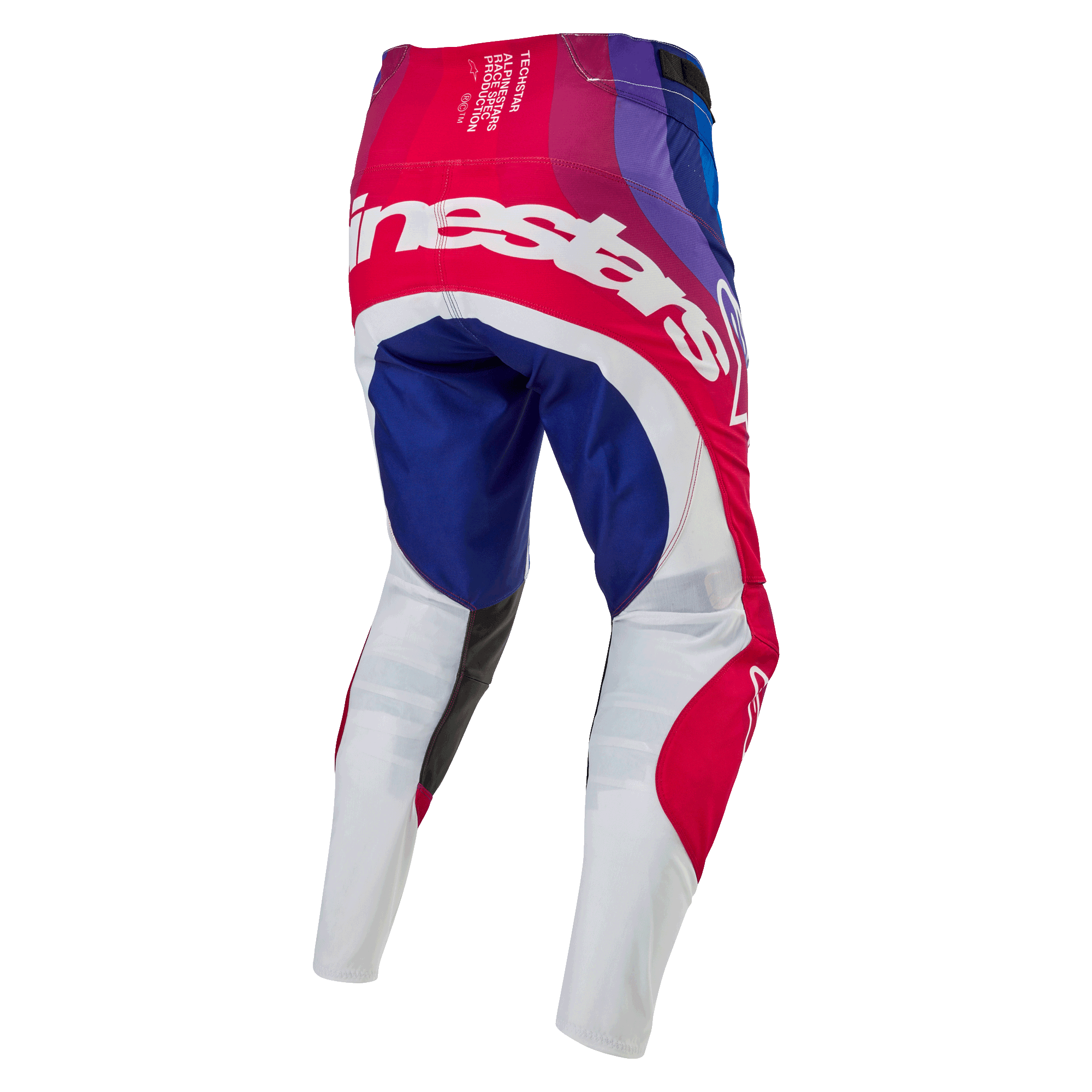 Alpinestars 2024 Techstar Pneuma Pants, pantalon de motocross, bleu, rouge et blanc, vue arrière avec grand logo Alpinestars blanc sur l'assise, empiècements bleus et rouges avec bas des jambes blancs, conception durable pour la compétition tout-terrain
