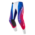 Alpinestars Techstar Pneuma Pants 2024, pantalon de motocross, Blu Mars Rouge Blanc, avec un motif de vagues dynamiques dans les tons bleu, violet et rouge, logos Alpinestars blancs et empiècements noirs résistants à l'intérieur des genoux