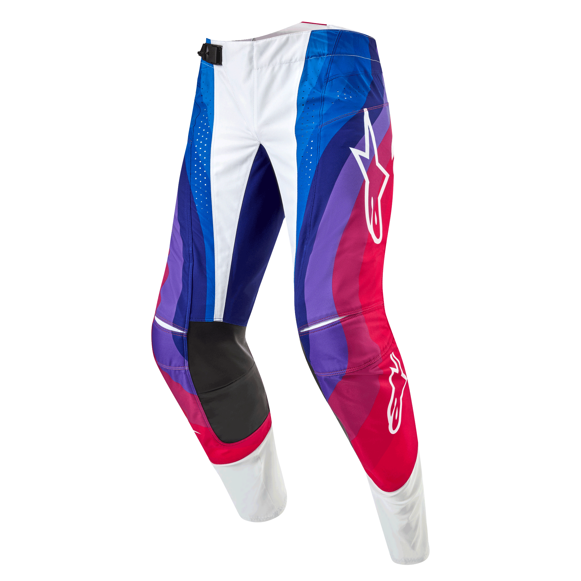 Alpinestars Techstar Pneuma Pants 2024, pantalon de motocross, Blu Mars Rouge Blanc, avec un motif de vagues dynamiques dans les tons bleu, violet et rouge, logos Alpinestars blancs et empiècements noirs résistants à l'intérieur des genoux