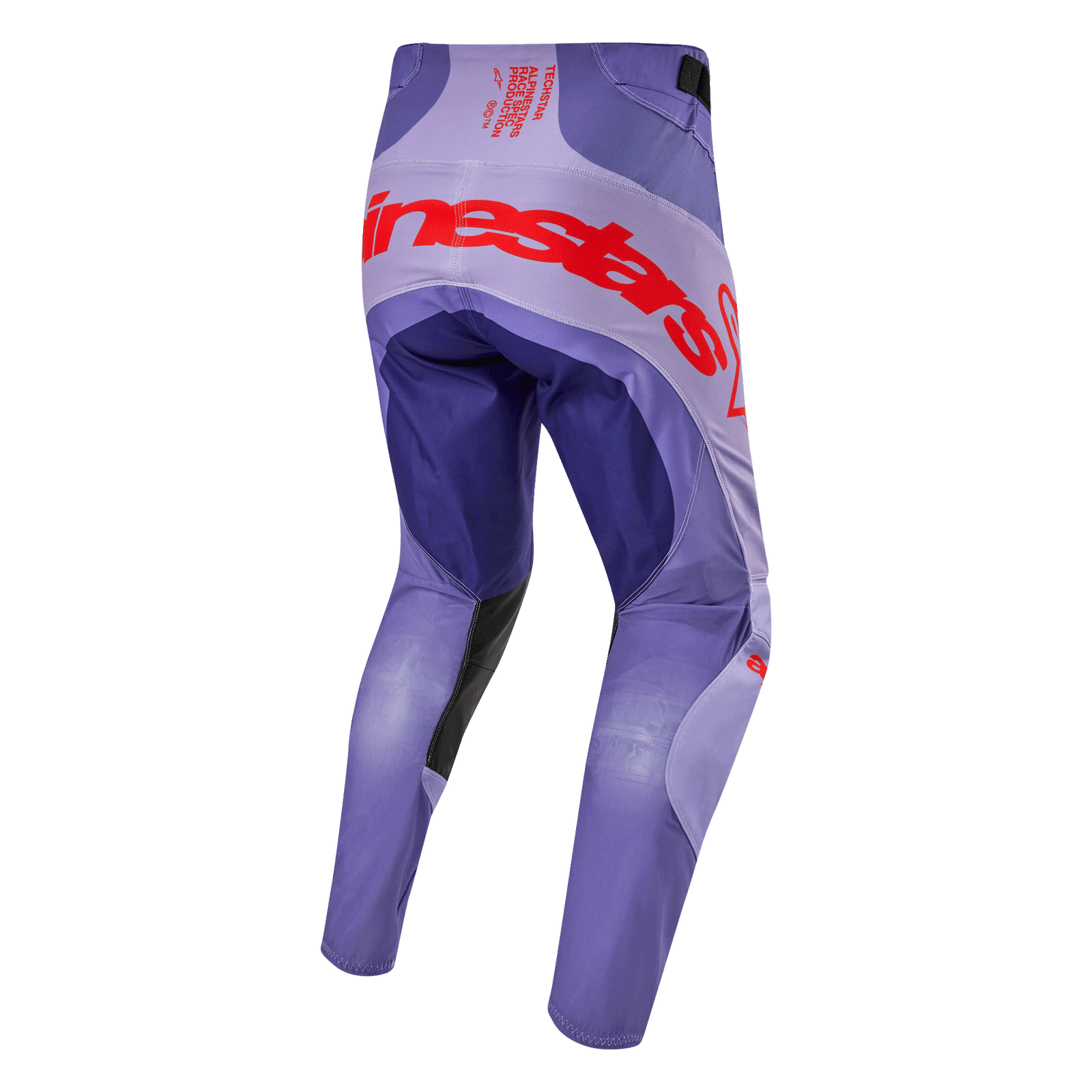 Alpinestars 2024 Techstar Ocuri Pants, pantalon de motocross, vue de dos, coloris violet avec logo rouge et détails orange vif, équipement de protection haute performance pour le tout-terrain
