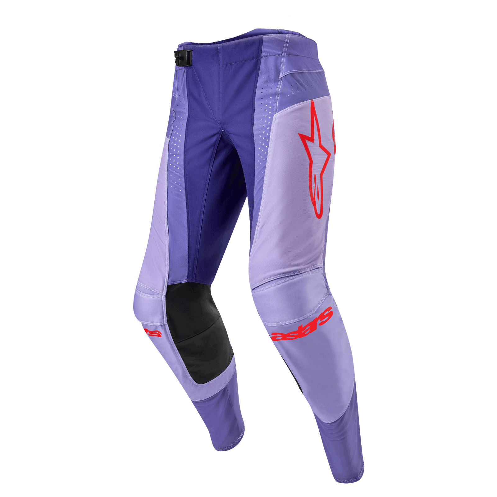 Alpinestars 2024 Techstar Ocuri Pants, pantalon de motocross, violet et lavande avec accents orange vif, logo Alpinestars rouge, renforts noirs aux genoux, équipement technique pour le pilotage tout-terrain