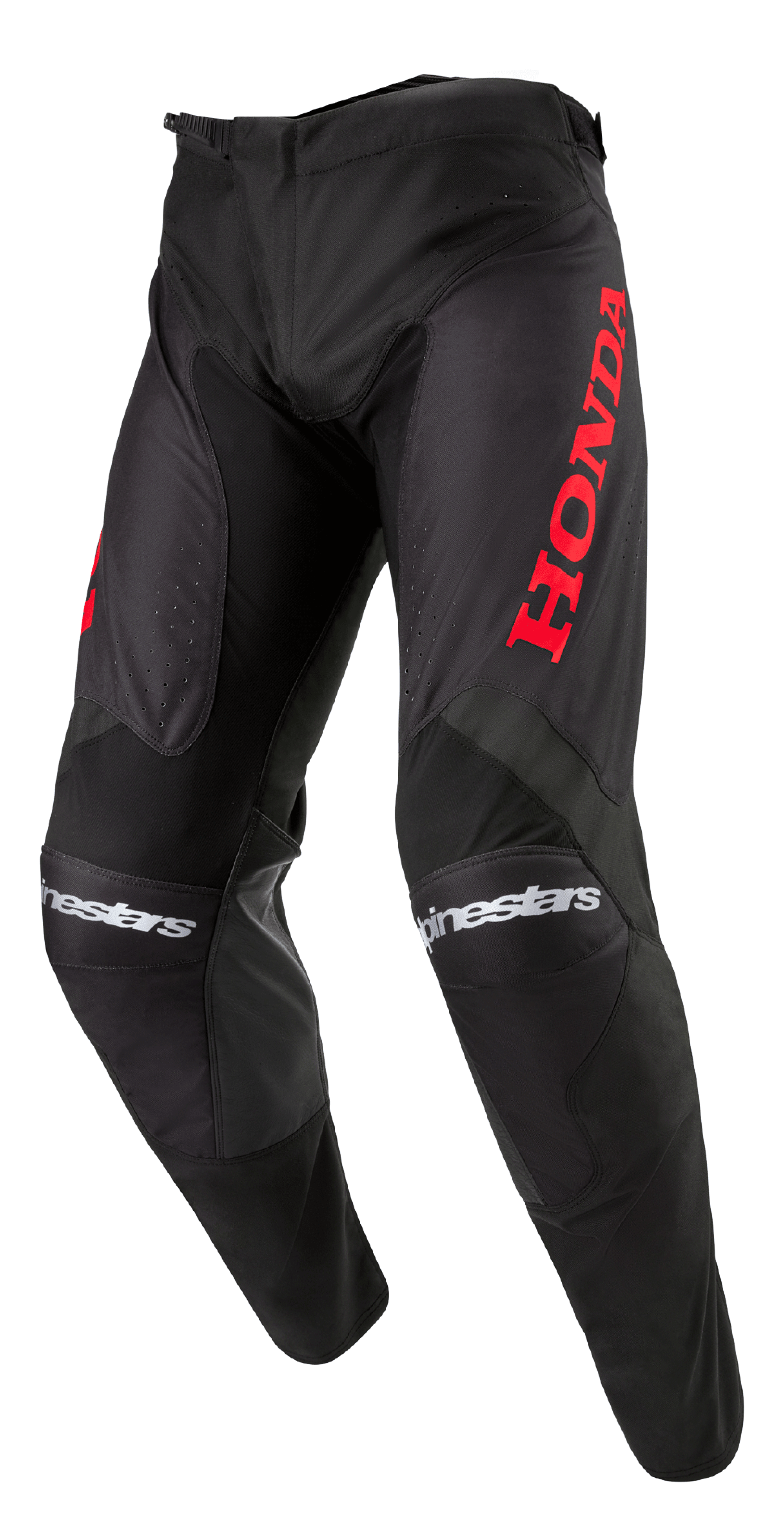 Alpinestars Honda Racer Iconic Pants, Motocross Pants, Black with Red branding, featuring a large red Honda logo on the thigh and white Alpinestars text on the knees, sport-cut design for off-road performance