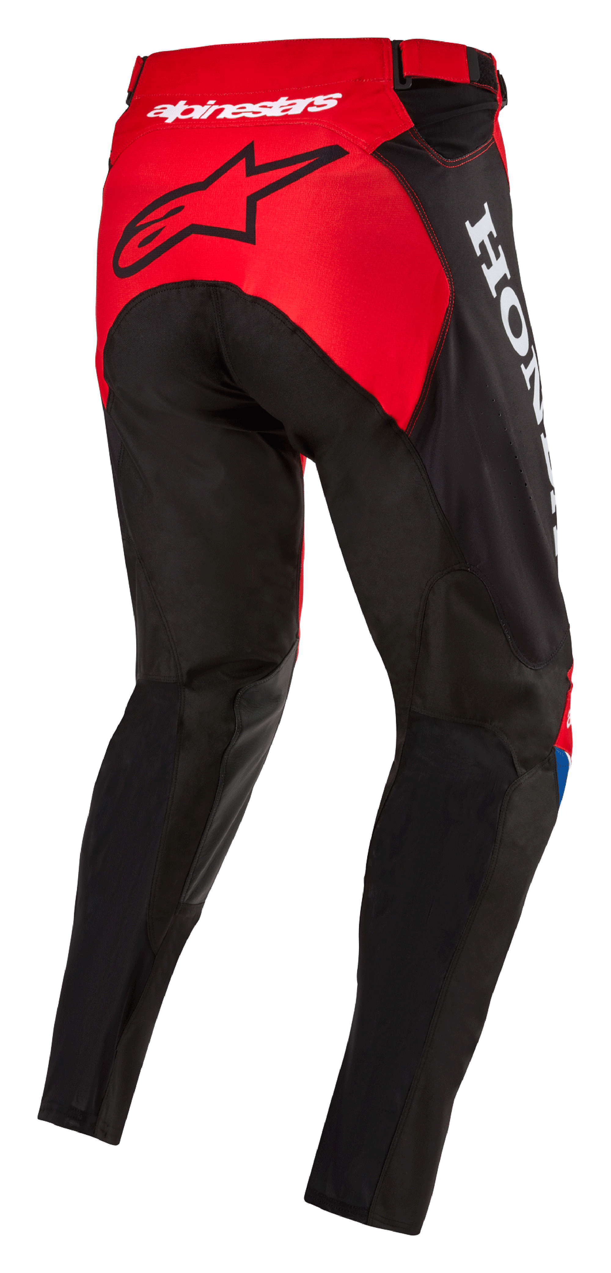 Pantalon Alpinestars Honda Racer Iconic, pantalon de motocross, rouge vif, noir et blanc, vue de trois-quarts arrière montrant le panneau d'assise rouge avec logo étoile noir, marquage Honda blanc sur le côté, construction textile durable à coupe sportive pour la course tout-terrain