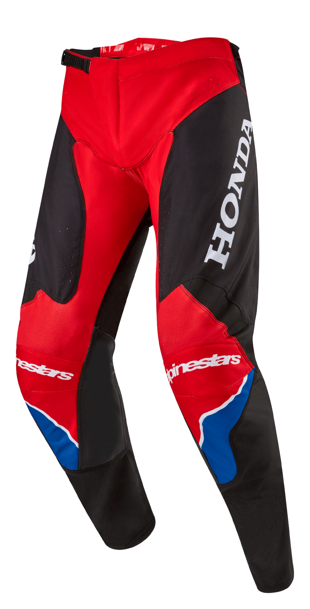Pantalon Alpinestars Honda Racer Iconic, pantalon de motocross, rouge vif, noir et blanc avec des accents bleus, doté d'un grand logo HONDA blanc sur la cuisse, marquage Alpinestars sur les genoux, construction de jambe pré-courbée ergonomique et fermeture de taille à cliquet réglable.