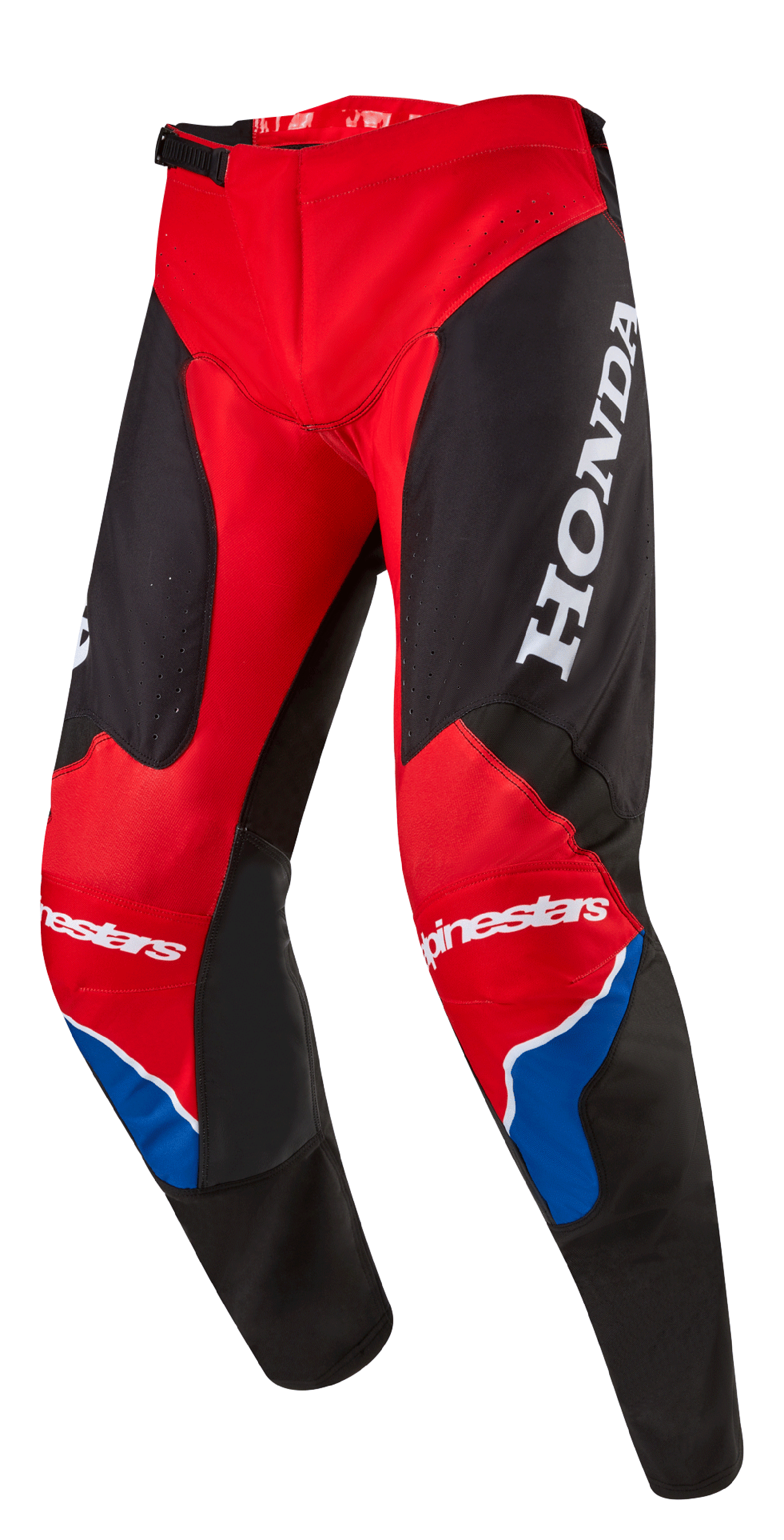 Pantalon Alpinestars Honda Racer Iconic, pantalon de motocross, rouge vif, noir et blanc avec des accents bleus, doté d'un grand logo HONDA blanc sur la cuisse, marquage Alpinestars sur les genoux, construction de jambe pré-courbée ergonomique et fermeture de taille à cliquet réglable.