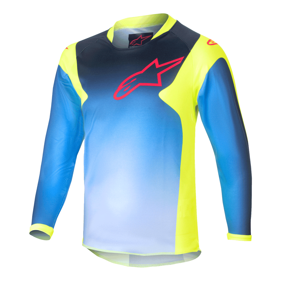 Alpinestars Kids 2024 Racer Graphic 1 Jersey, maillot de motocross à manches longues pour enfant, bleu et jaune fluo, avec un motif en dégradé bleu, un logo rouge sur la poitrine, des panneaux latéraux et un col jaune fluo, tissu technique léger