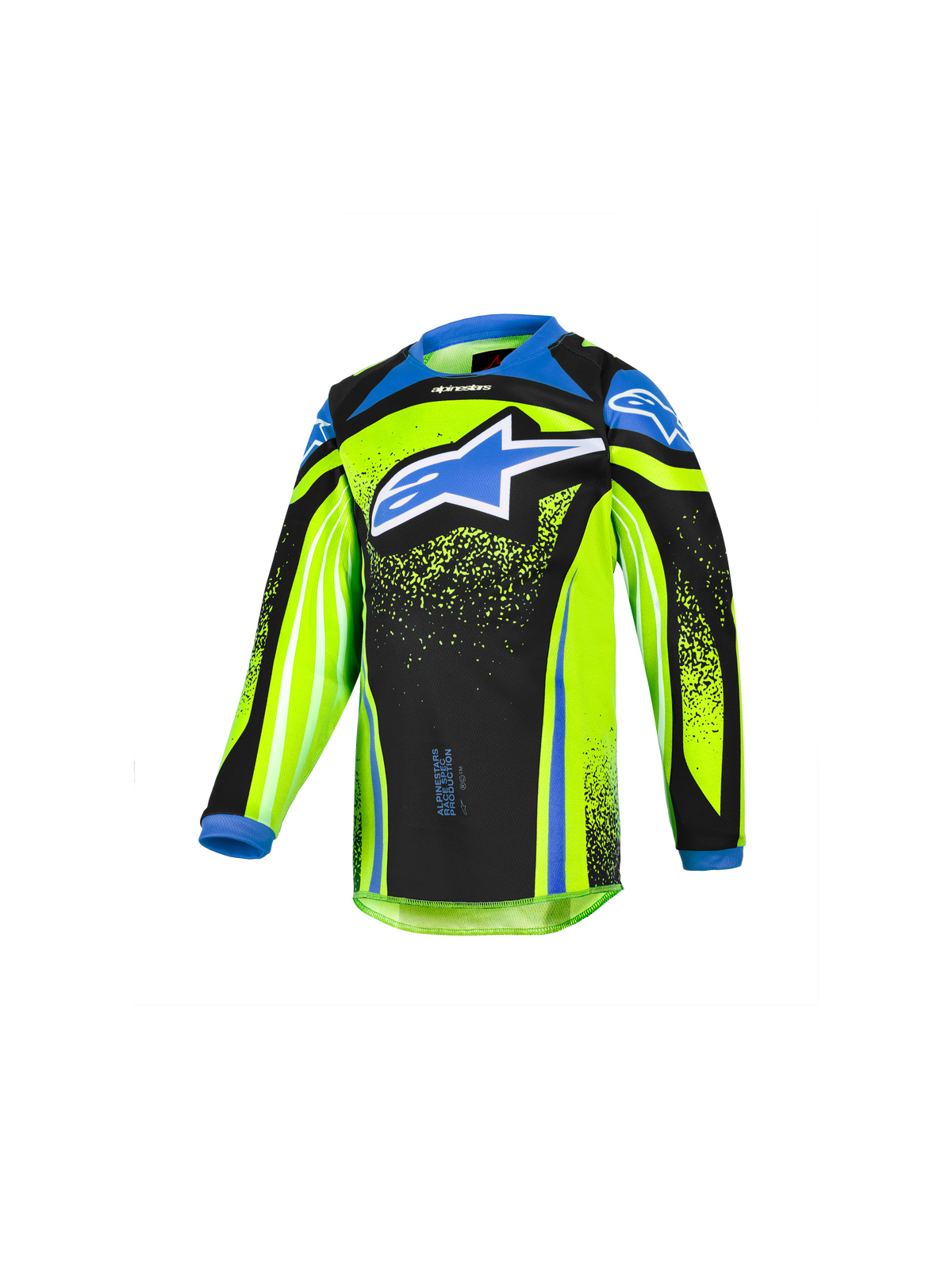 Alpinestars 2026 Kids Racer Nomur Jersey, maillot de motocross à manches longues pour enfant, jaune fluorescent et noir avec accents bleus, grand logo étoile bleu sur la poitrine, tissu technique léger évacuant l'humidité pour le tout-terrain