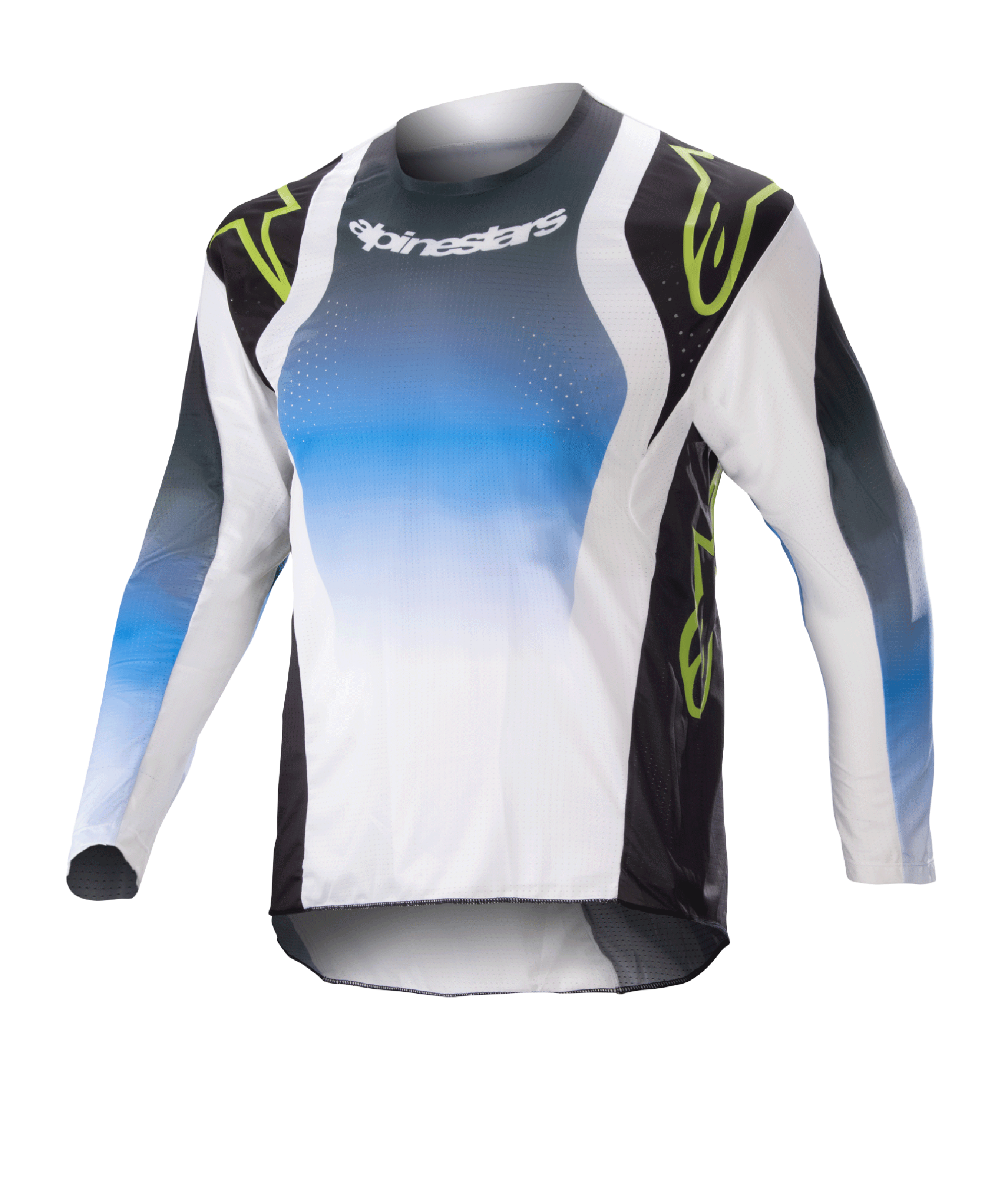 Alpinestars Kids 2023 Racer Push Jersey, Youth Motocross Long-Sleeve Jersey, Blue White and Black with Neon Green Accents, Gradient Design with Alpinestars Logo on Chest, Lightweight Breathable Fabric for Off-Road Performance