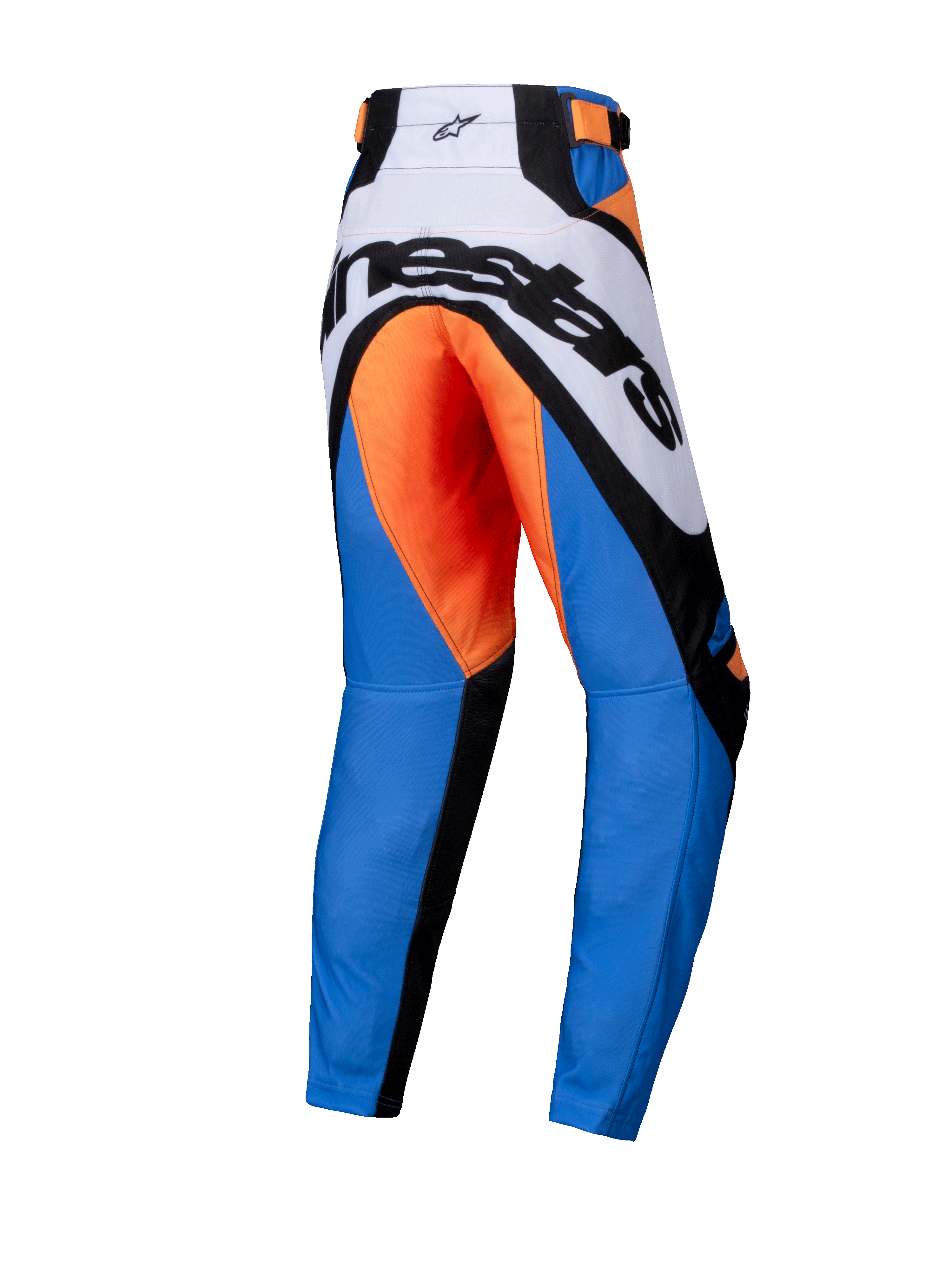 Alpinestars 2025 Youth Racer Melt Pants, pantalon de motocross pour enfant, orange et bleu, vue arrière avec logo Alpinestars noir sur empiècement blanc, assise orange, jambes bleues et panneaux renforcés noirs, design ergonomique pour la course tout-terrain
