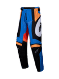 Alpinestars Youth Racer Melt Pants 2025, pantalon de motocross pour enfant, orange et bleu avec accents noirs et blancs, panneaux graphiques audacieux, construction de jambes pré-cintrées, genoux internes renforcés, taille réglable avec fermeture à cliquet