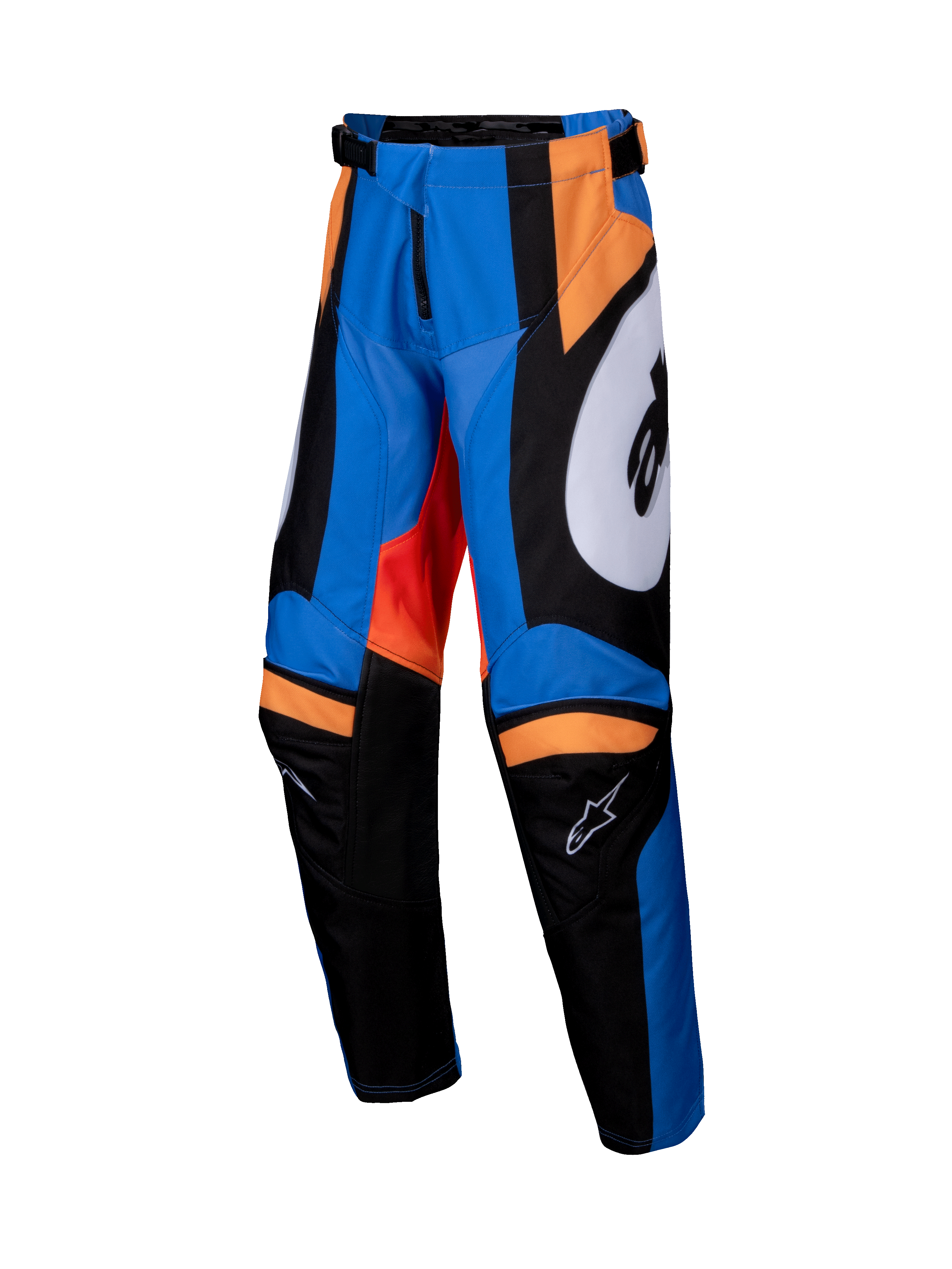 Alpinestars Youth Racer Melt Pants 2025, pantalon de motocross pour enfant, orange et bleu avec accents noirs et blancs, panneaux graphiques audacieux, construction de jambes pré-cintrées, genoux internes renforcés, taille réglable avec fermeture à cliquet