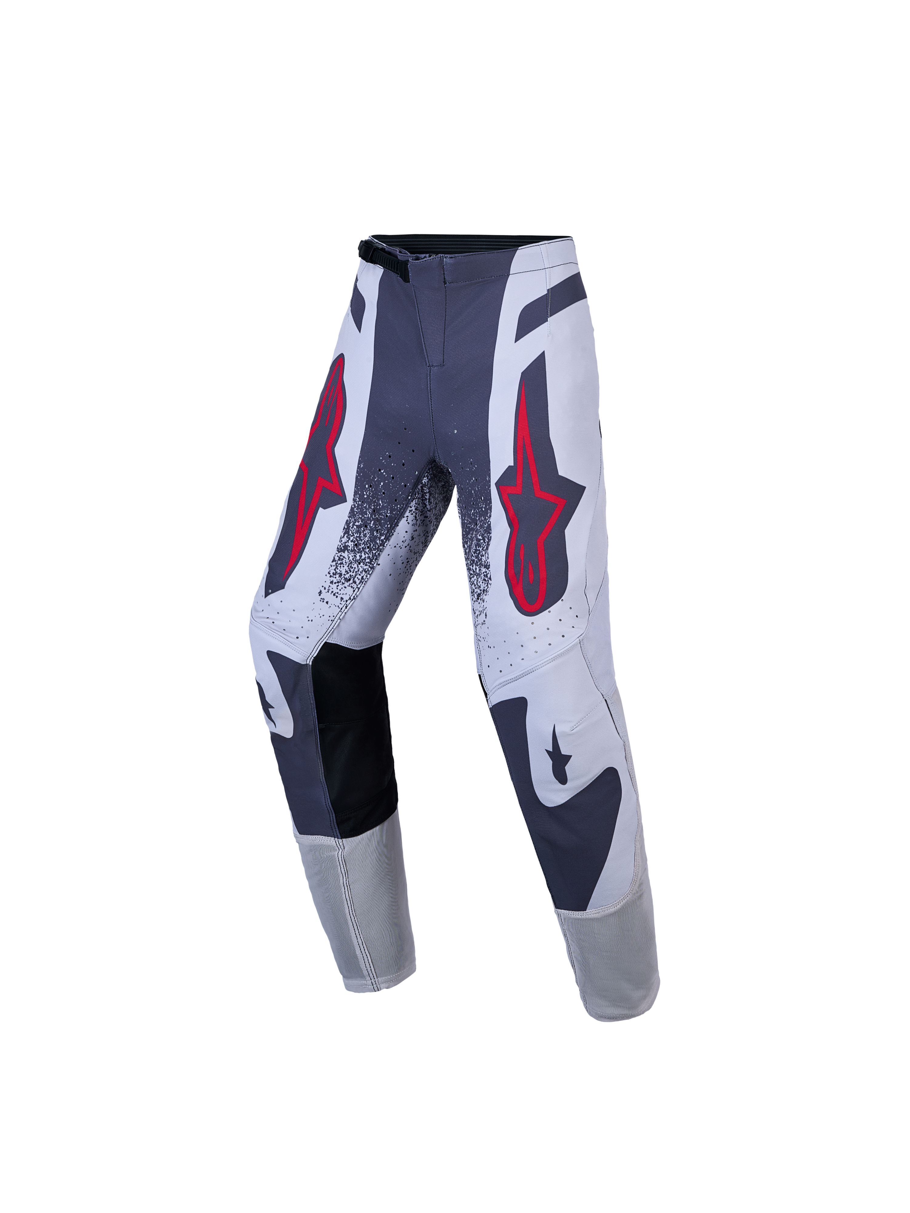 Alpinestars Youth Supertech Swan Pants, Motocross Racing, Gray and White with Red star logos, athletic stretch rip-stop.