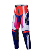 Alpinestars 2025 Youth Racer Wurx Pants, Motocross Pants, Red Blue Pink and White, bold geometric pattern with pink-to-red gradients, black leather inner knee panels, adjustable waist, durable textile construction for youth off-road racing