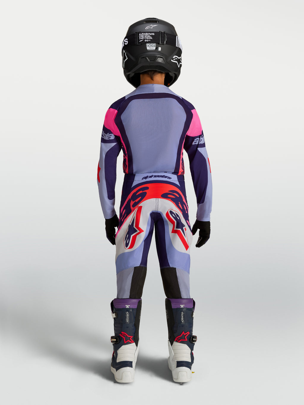 Alpinestars Youth Supertech Dyna Pants, Motocross Racing, Youth, Light Violet and Purple, back view on rider.