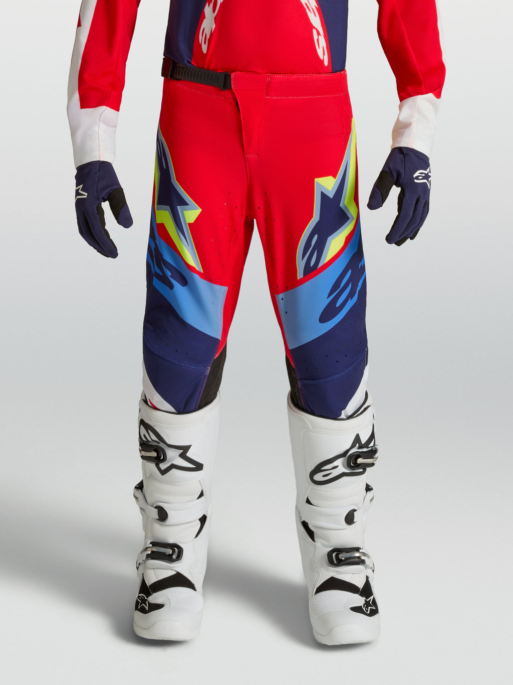 Pantalon Alpinestars Supertech Dyna Junior, pantalon de motocross pour enfant, rouge et bleu marine, coupe athlétique extensible