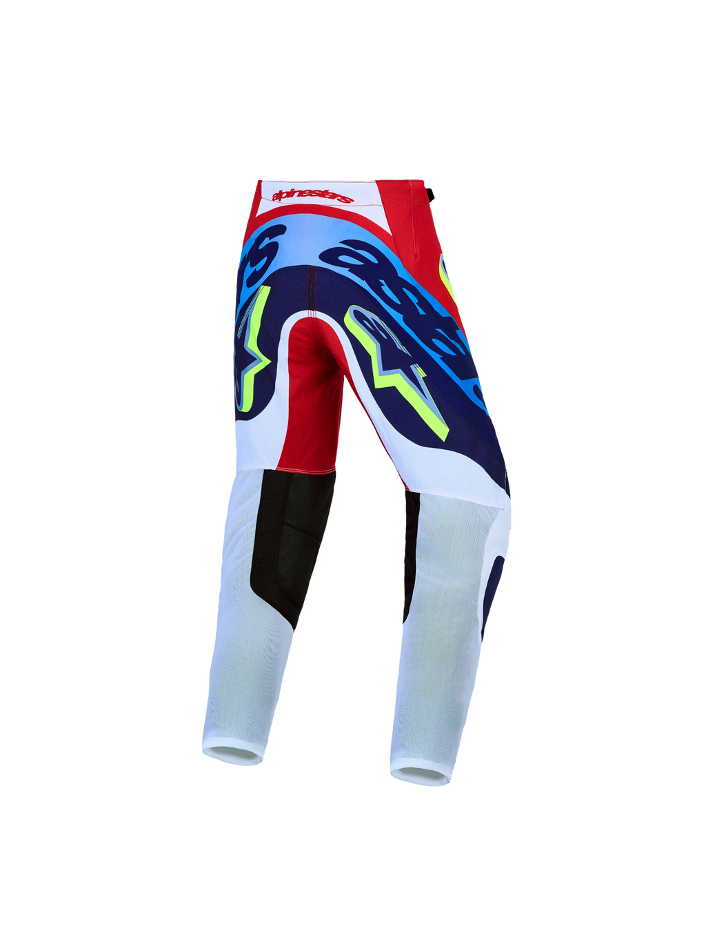 Pantalon Alpinestars Supertech Dyna Junior, pantalon de motocross pour enfant, rouge, blanc et bleu marine, vue arrière avec tissu rip-stop extensible 4 directions