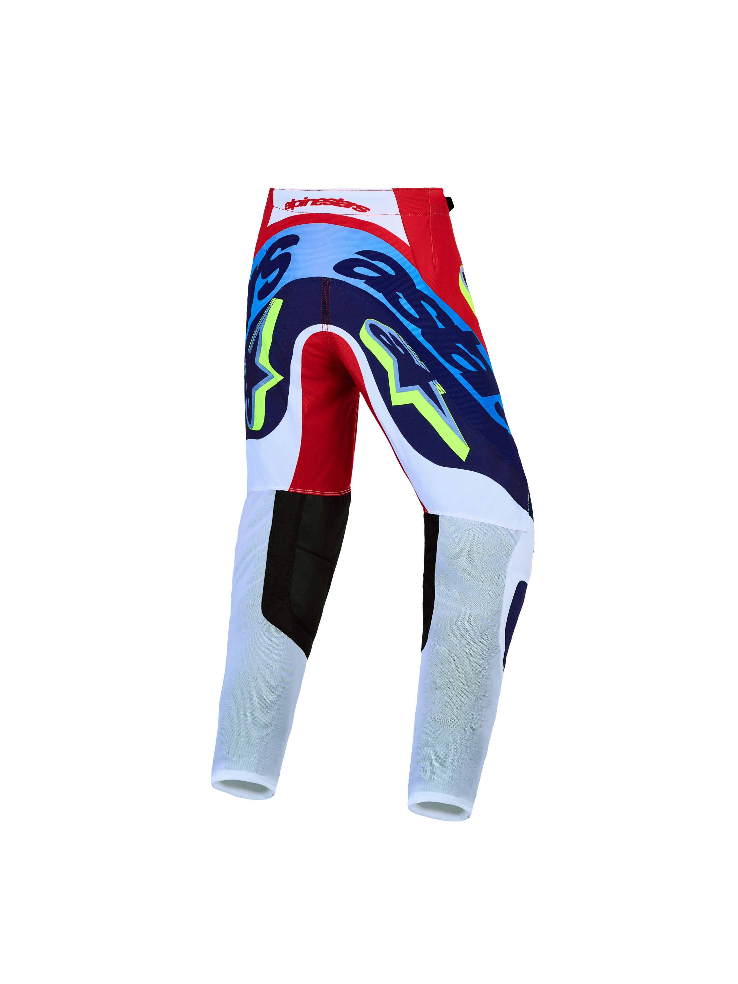 Pantalon Alpinestars Supertech Dyna Junior, pantalon de motocross pour enfant, rouge, blanc et bleu marine, vue arrière avec tissu rip-stop extensible 4 directions