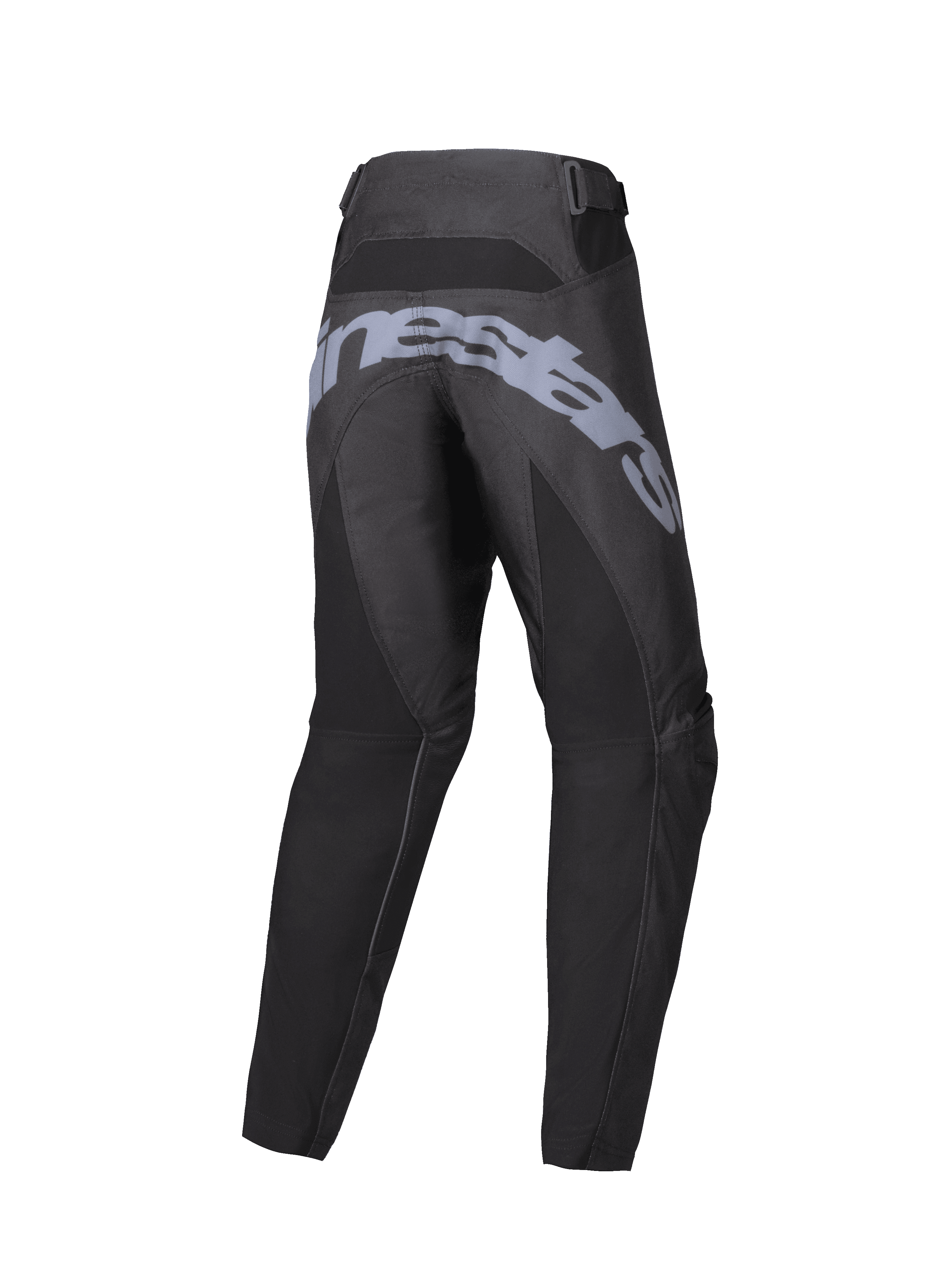 Alpinestars Pantalon Racer Graphite Junior 2025, pantalon de motocross, noir et gris, vue arrière avec large marquage gris sur l'assise, construction ergonomique pré-cintrée et sangles de réglage à la taille pour la conduite tout-terrain