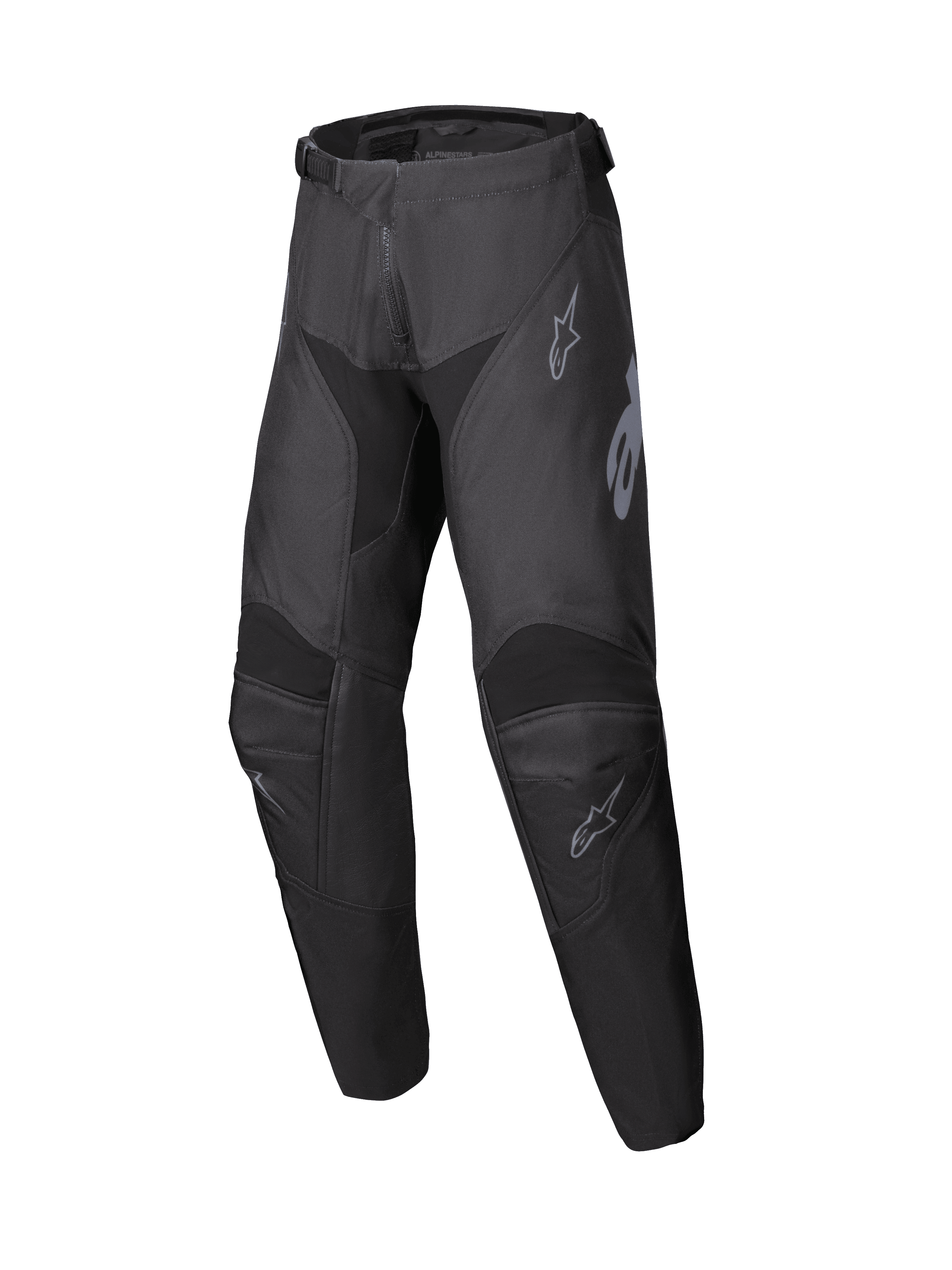 Alpinestars 2025 Youth Racer Graphite Pants, pantalon de motocross noir et gris, équipement de pilotage tout-terrain pour jeunes avec zones de genoux renforcées et logos gris discrets, design ergonomique durable