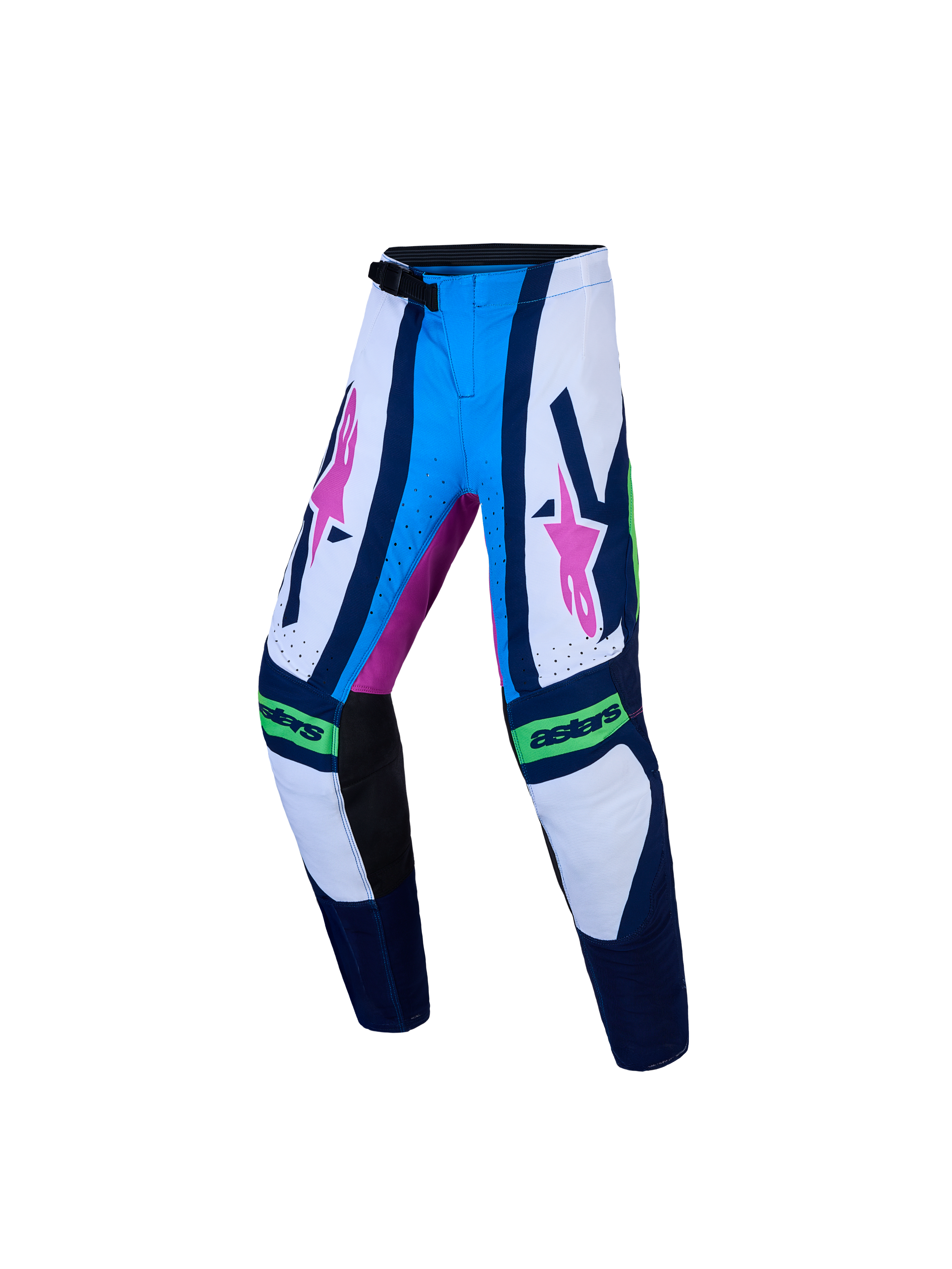 Alpinestars Youth Supertech Maven Motocross Pants, blue and white performance gear with pink accents and ratchet closure.