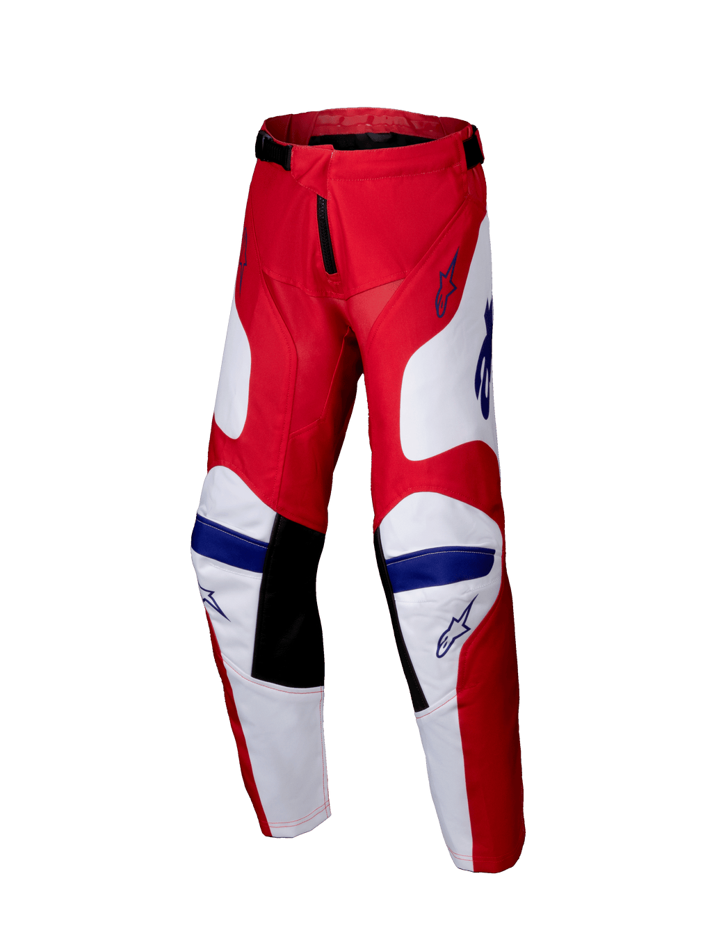 Alpinestars 2025 Youth Racer Veil Pants, Motocross Pants, Bright Red and White with Blue accents, featuring black inner knee panels, ergonomic pre-curved design, and durable polyfabric for off-road racing.