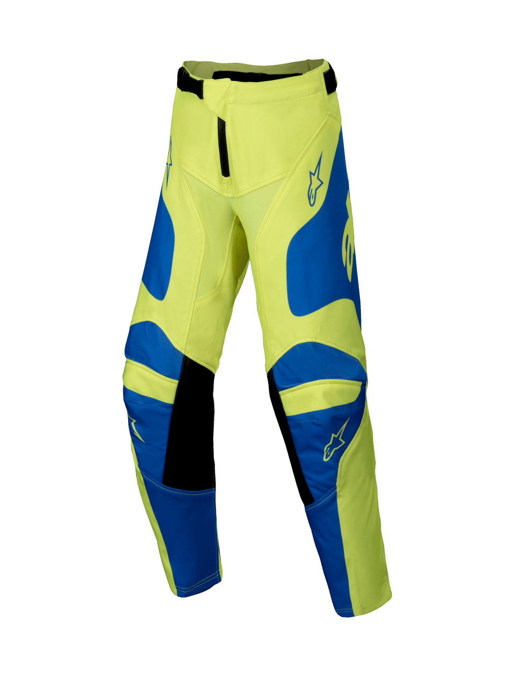 Alpinestars 2025 Youth Racer Veil Pants, pantalon de motocross pour enfant, jaune fluo et bleu avec détails noirs, logos étoilés sur les cuisses et les genoux, design ergonomique pré-courbé pour la course tout-terrain