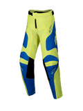 Alpinestars 2025 Youth Racer Veil Pants, pantalon de motocross pour enfant, jaune fluo et bleu avec détails noirs, logos étoilés sur les cuisses et les genoux, design ergonomique pré-courbé pour la course tout-terrain