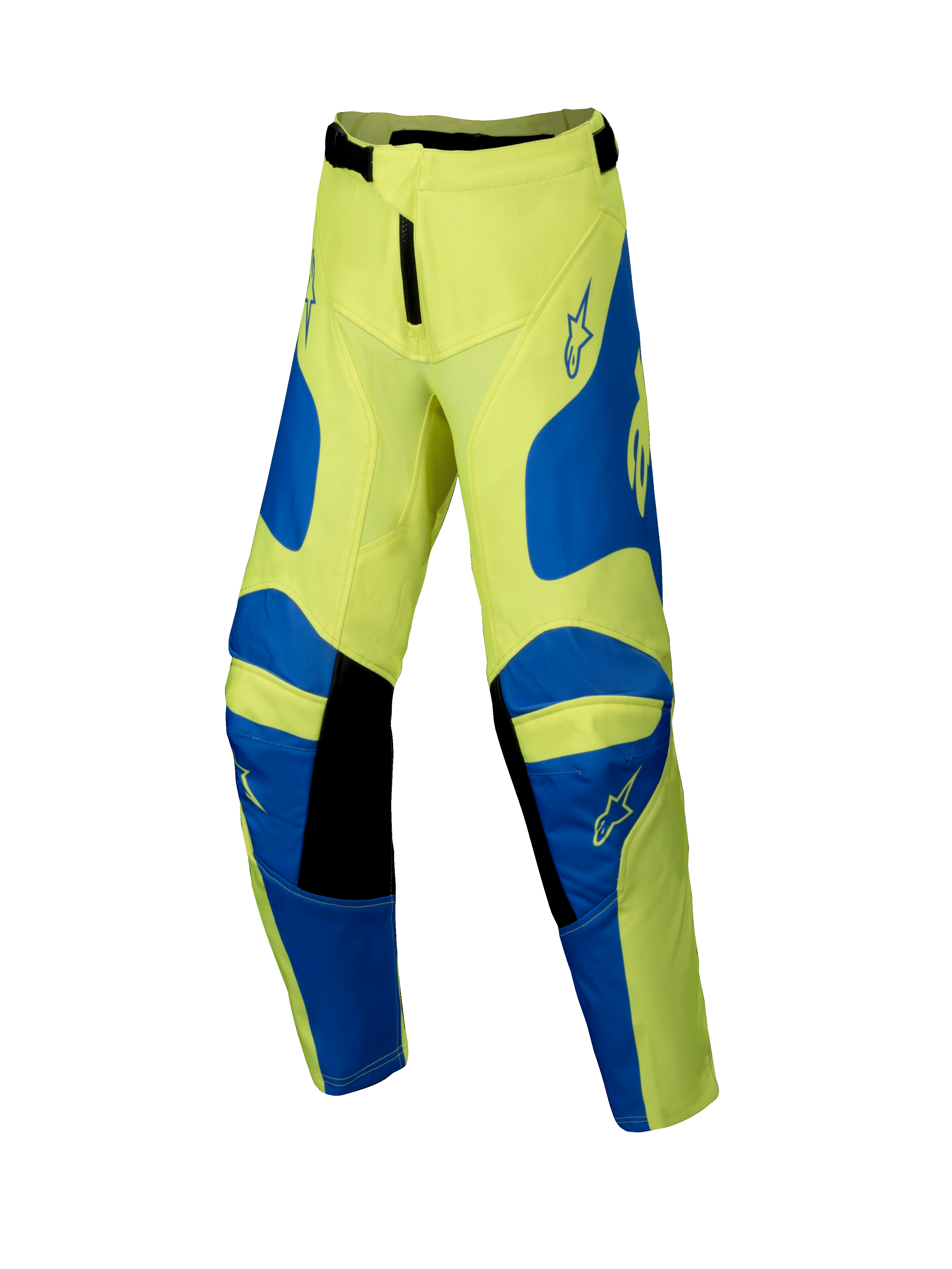Alpinestars 2025 Youth Racer Veil Pants, pantalon de motocross pour enfant, jaune fluo et bleu avec détails noirs, logos étoilés sur les cuisses et les genoux, design ergonomique pré-courbé pour la course tout-terrain