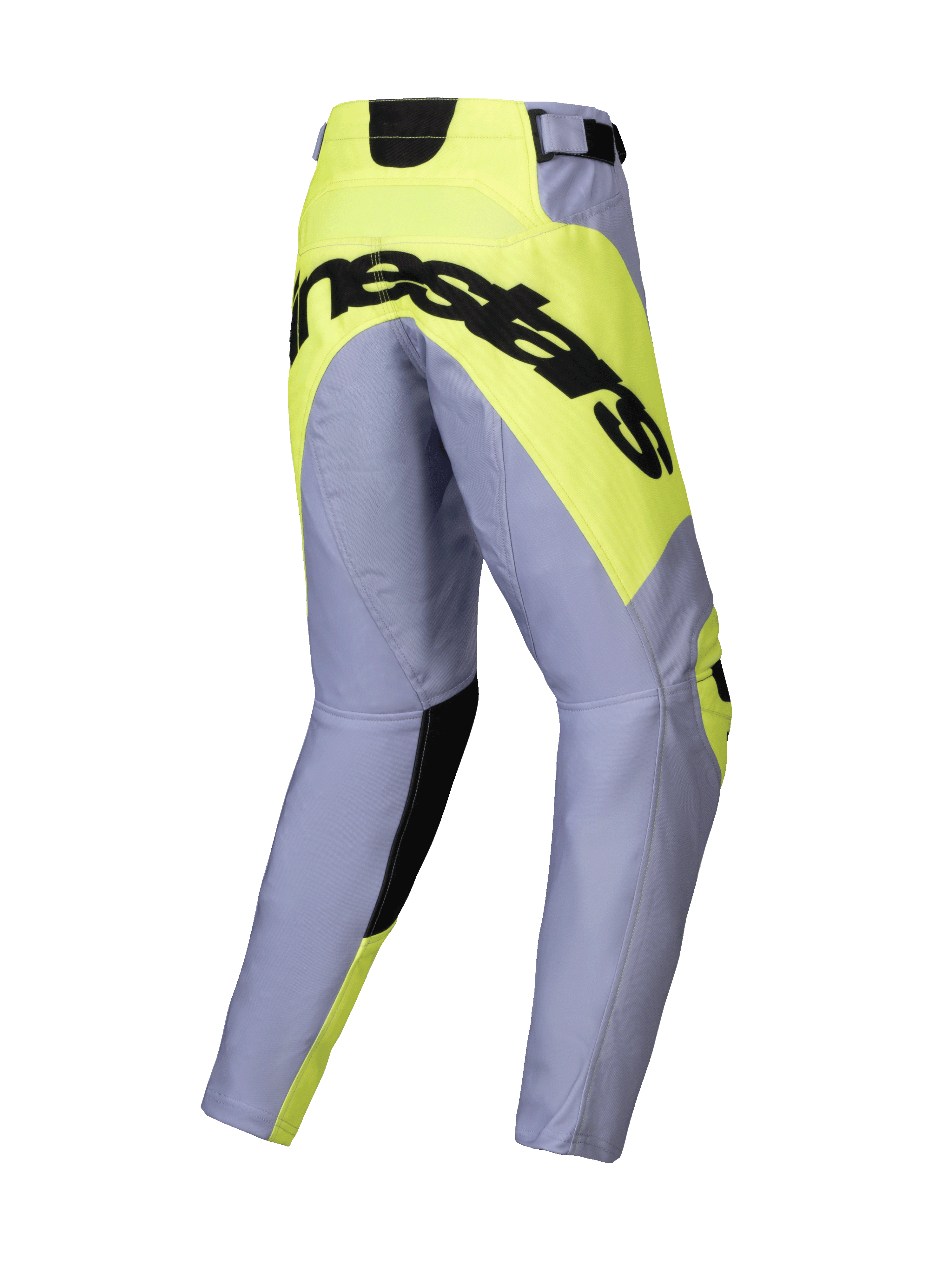Alpinestars 2025 Youth Racer Veil Pants, Motocross Pants, Gray and Yellow Fluo, Rear view featuring bold black Alpinestars logo on a neon yellow seat panel, pre-curved leg construction for off-road racing.