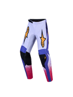 Alpinestars 2027 Youth Fluid Drag Pants, blue and lilac youth MX gear with gold star graphics and synthetic leather knees.