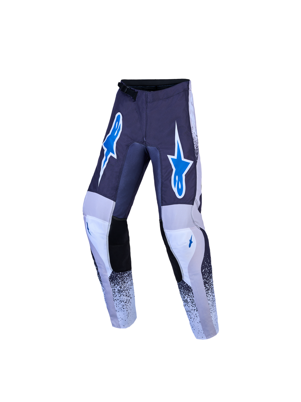 Alpinestars Youth Fluid Drag Pants, Motocross Racing Pants, Gray, Light Lilac, and Blue, durable textile construction with pre-curved legs and ergonomic fit.